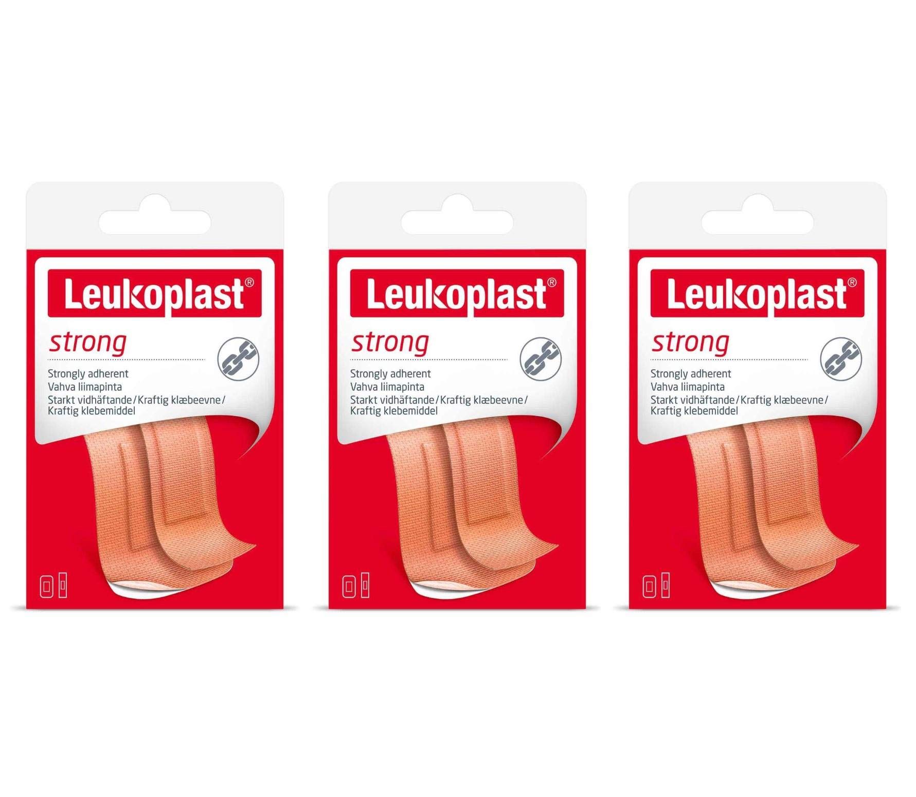 Leukoplast Strong First Aid Plaster Strips - Sterile Highly Absorbent, Low Adherent Fabric Wound Dressings with Breathable Soft Padded Design - 20 PCs (x3 Pack)