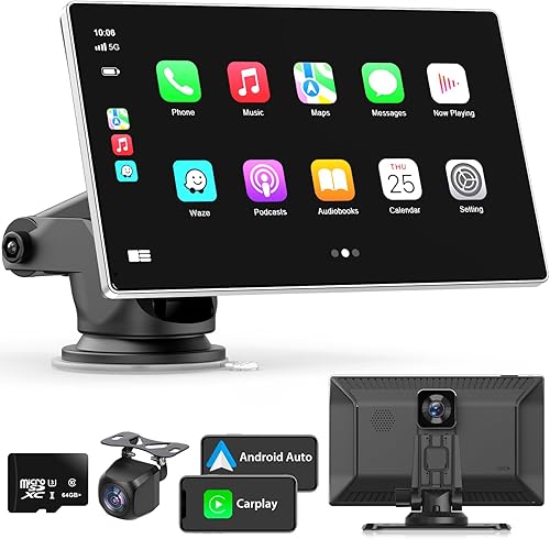 Apple Carplay - Pantalla táctil portátil de 7 pulgadas, Apple Carplay y Android Auto, cámara de tablero de 2.5K, cámara de respaldo de 1080P,