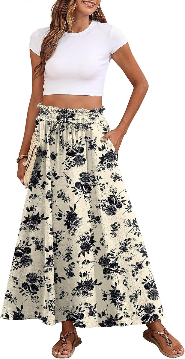 Askyes Womens Maxi Skirt Summer Tie Knot Elastic High Waisted Boho Casual Beach Flowy Swing Long Skirts with Pockets
