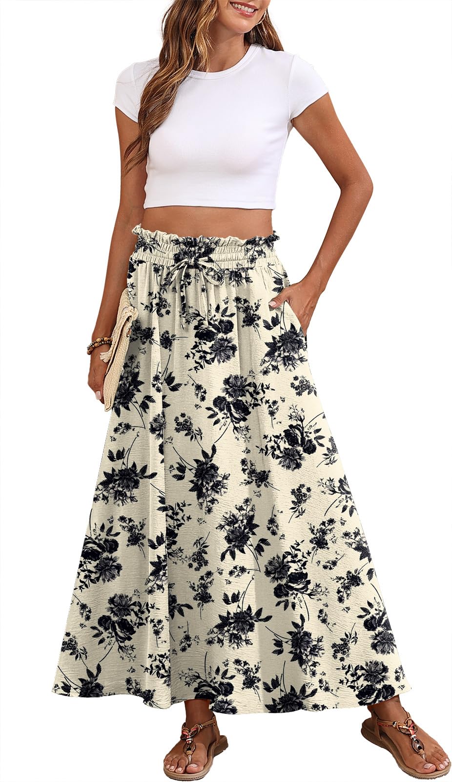 Askyes Womens Maxi Skirt Summer Tie Knot Elastic High Waisted Boho Casual Beach Flowy Swing Long Skirts with Pockets