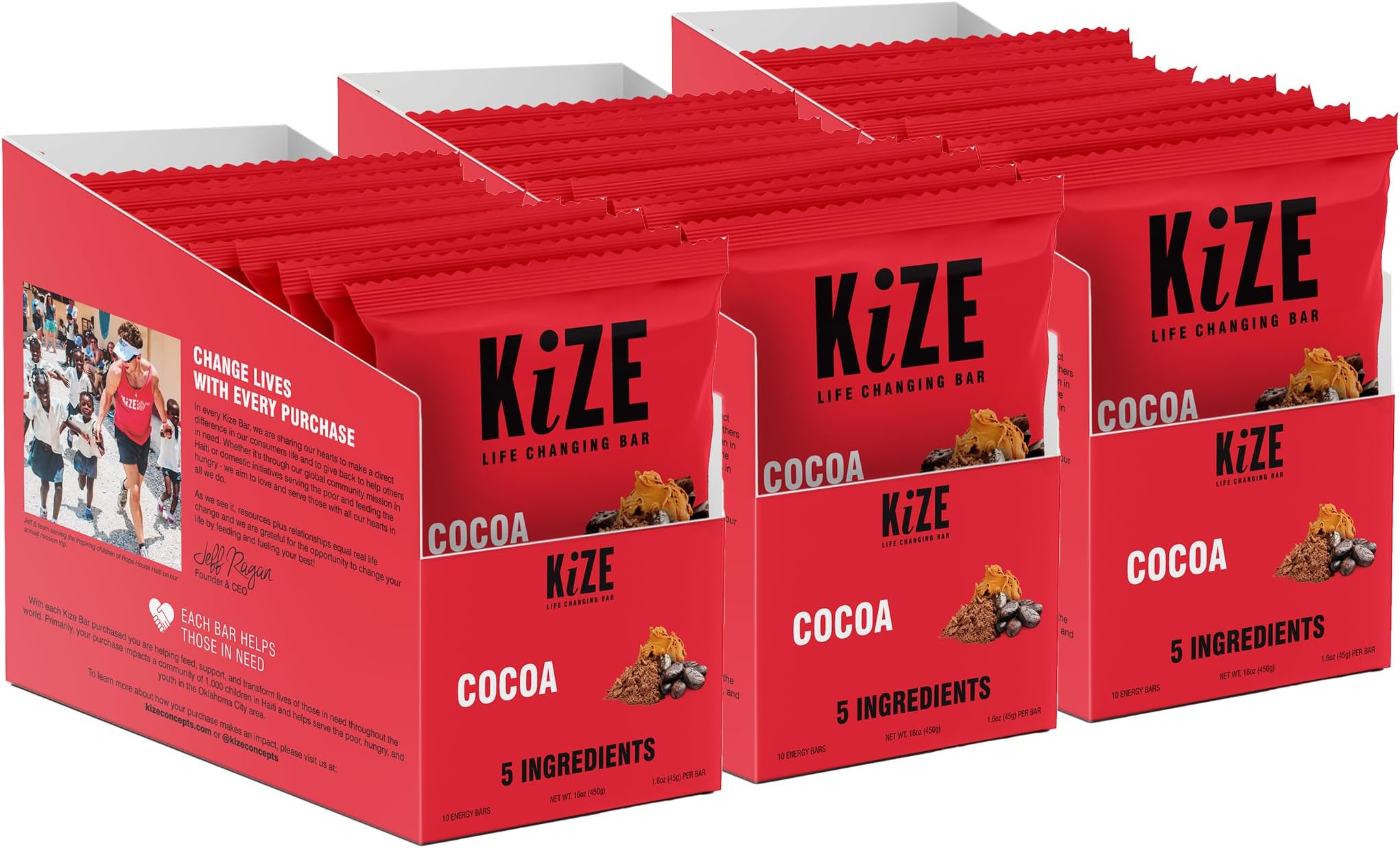 KiZE Energy Bars - Cocoa - 30-Count - Gluten Free, Non-GMO, and High Protein Meal Replacement Energy Bars, Clean and Simple Food Ingredients - 10g High Protein Snacks (30 Count)