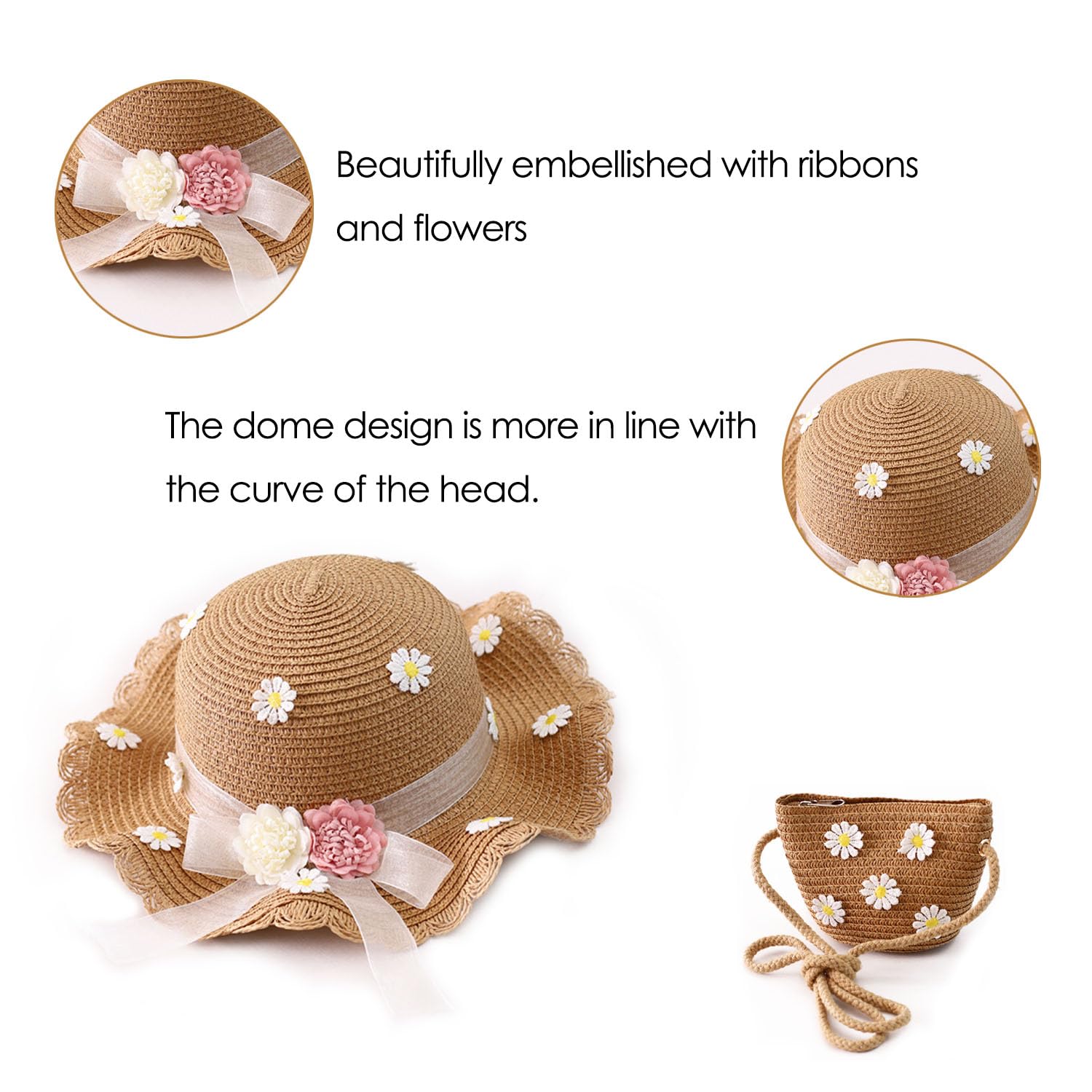 Chapeaux De Paille Filles, Chapeau avec Sac, Chapeau De Soleil en Paille pour Enfants, Rose, Kaki, Papyrus