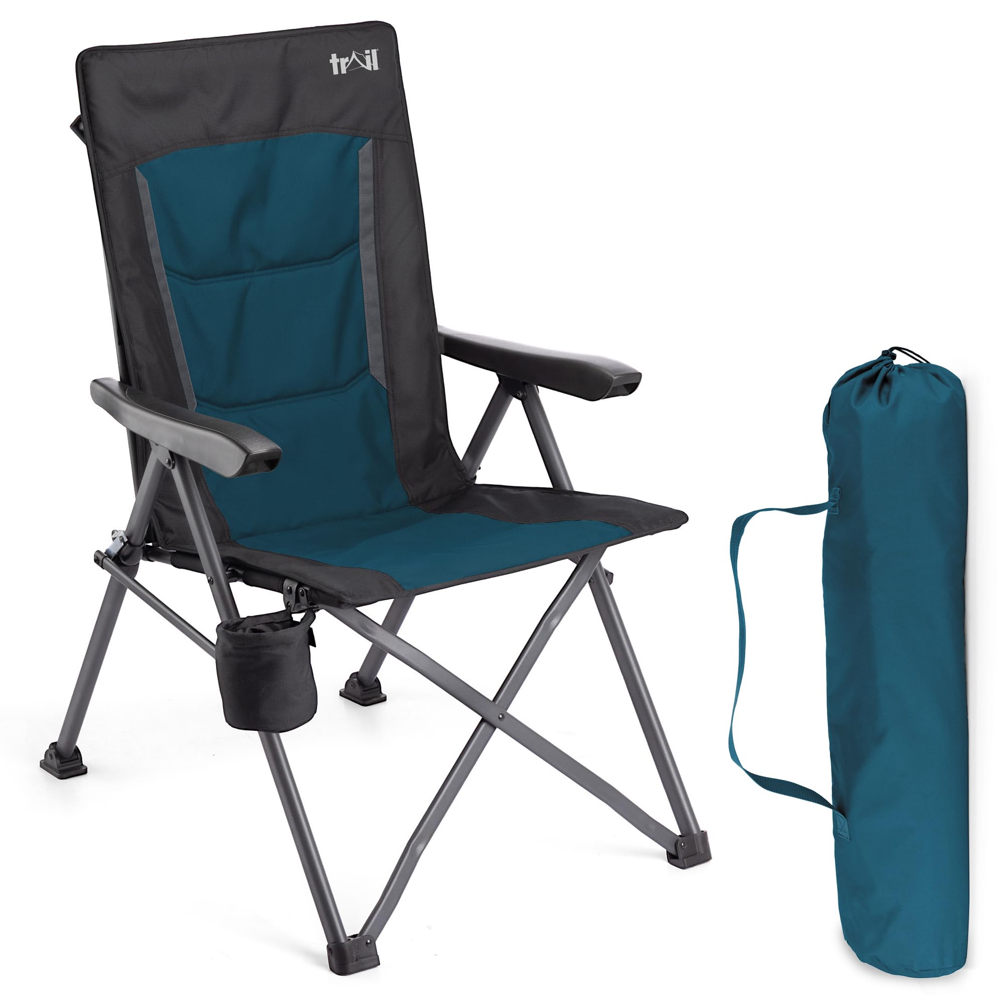 Trail Cardinal Reclining Camping Chair, Teal Folding Outdoor Recliner, Reclines to 3 Positions, Steel & Aluminium Frame, 600D Ripstop Polyester, Fold-Away Cup Holder, Bag Included, 120kg Capacity