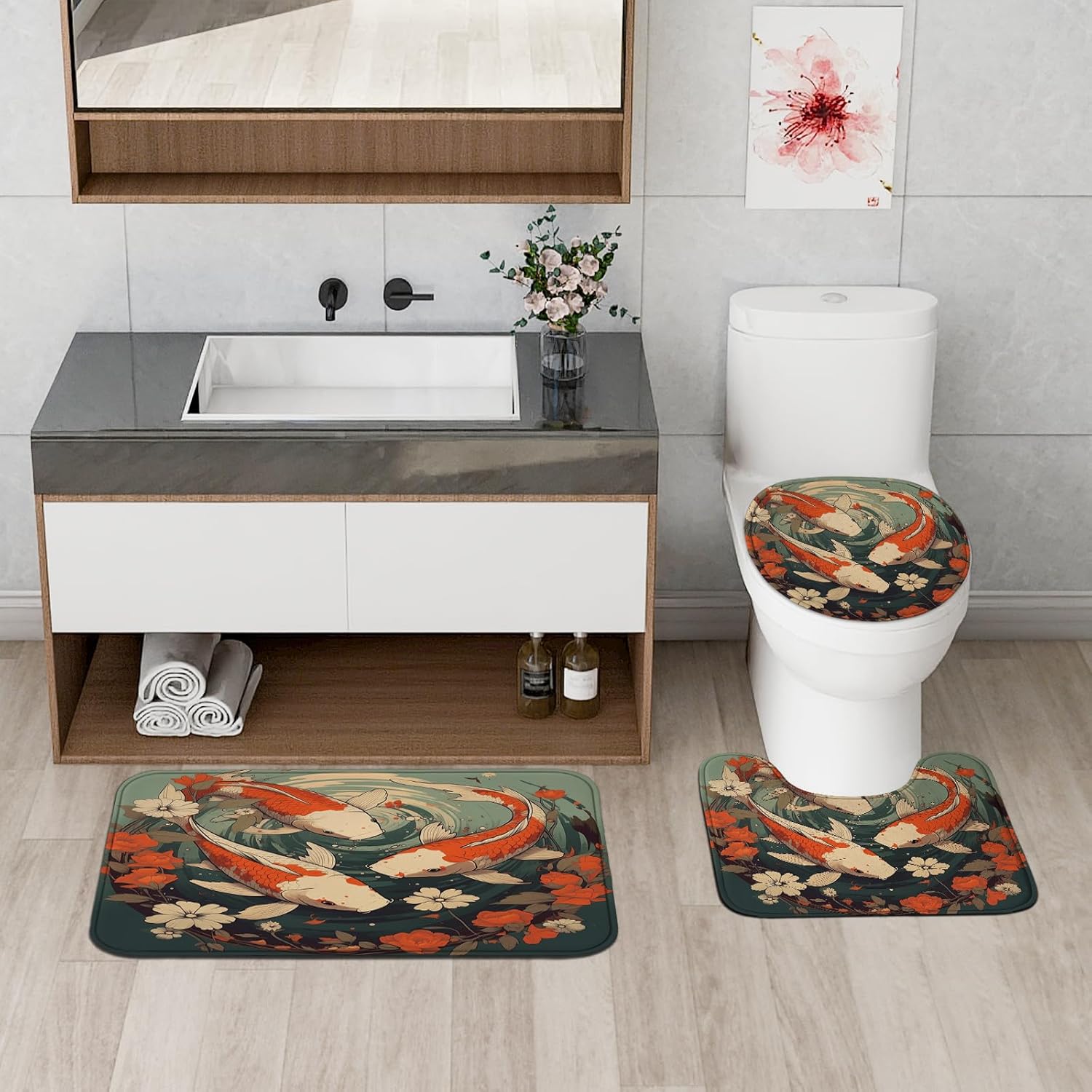 4Pcs Japanese Shower Curtain Sets with Non-Slip Rug, U Shape and Toilet Lid Cover Mat, Koi Home Bathroom Decor Set Accessories with 12 Hooks, 72 x 72 Inch