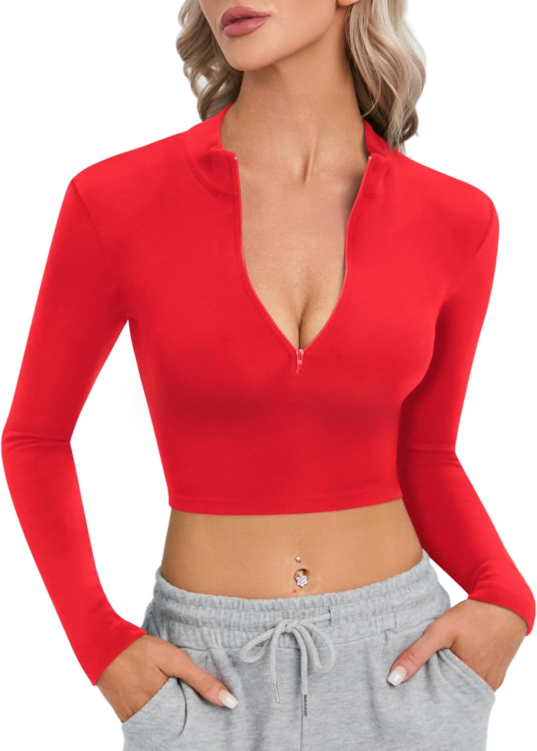 CLOZOZ Long Sleeve Crop Tops for Women Mock Turtleneck Zip Up Sexy Fitted Cropped Shirts Trendy