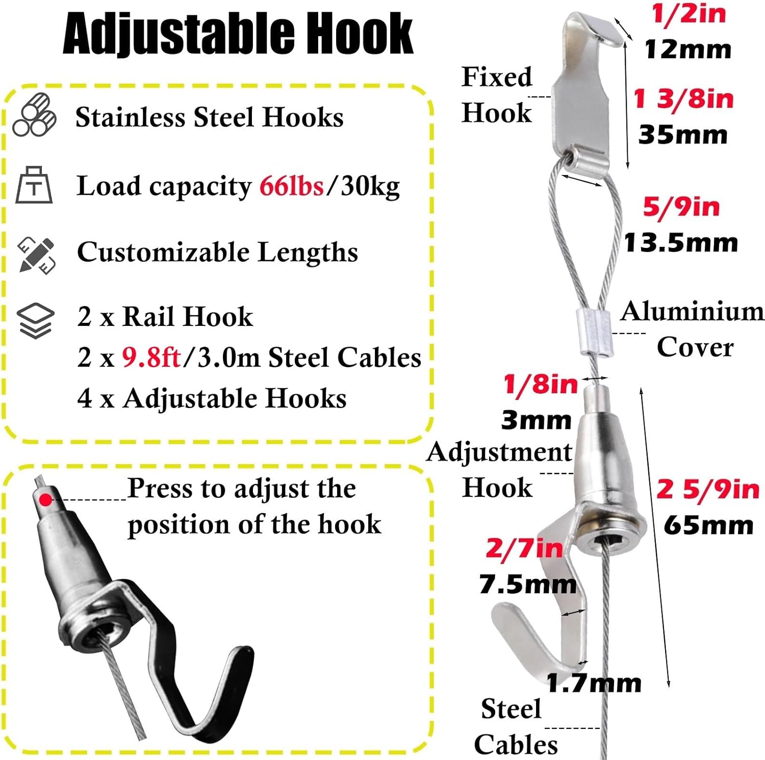 Wall Mounted Picture Hanging System - Adjustable Art Rail Kit, 26in Track with 300cm Steel Cables & Hooks for Paintings, Drawings, Photos - Black, 20-80 Inch Options
