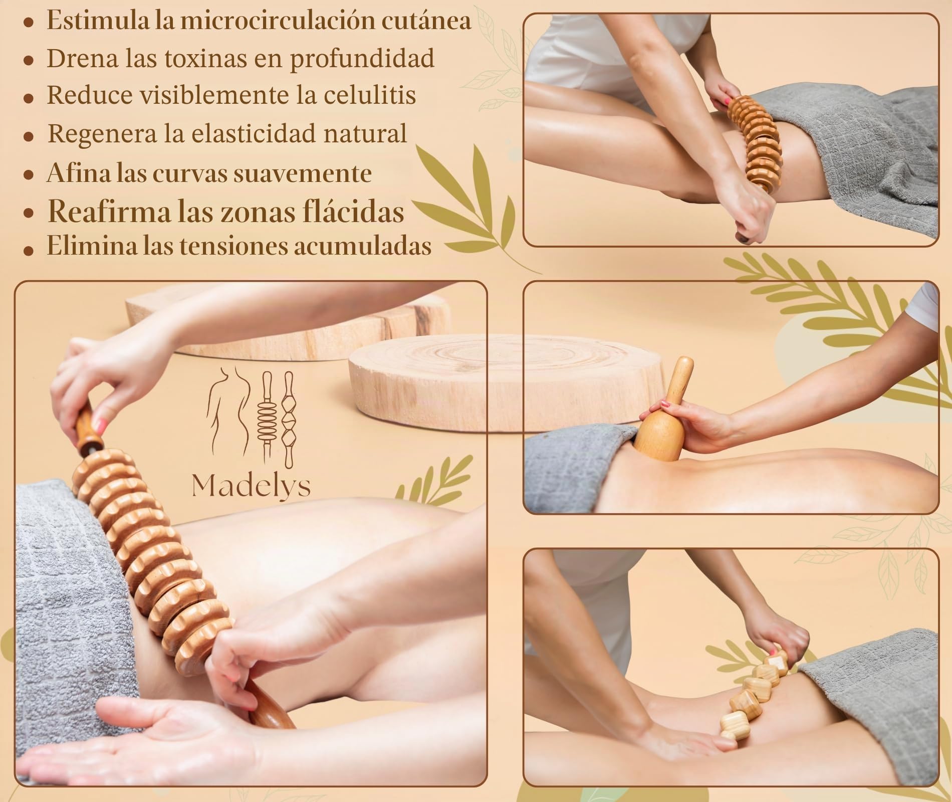 Kit Completo de Maderoterapia Corporal Anticelulitis – Herramientas de Masaje en Madera de Haya Certificada FSC® | Drenaje Linfático, Vientre Plano | Wood Therapy Premium MADELYS®