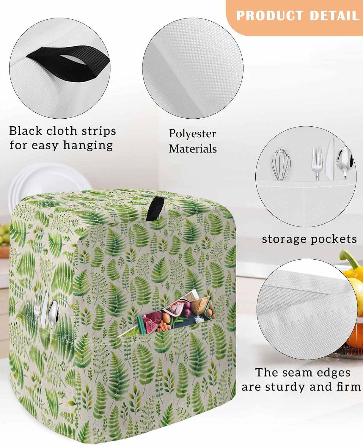 Spring Leavse Stand Mixer Cover with Storage Pocket, Waterproof Kitchen Mixer Covers, Pastoral Garden Botanical Rustic Burlap Kitchen Appliance Dust Cover Compatible with 5-8 Quart Mixers