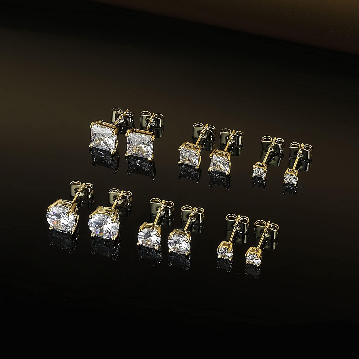 6 Pairs Stud Earrings set, 4mm/6mm/8mm 18K Gold Plated Princess & Round Cubic Zirconia Earrings Nickel Free Earrings CZ Earring for Women Men - Image 6
