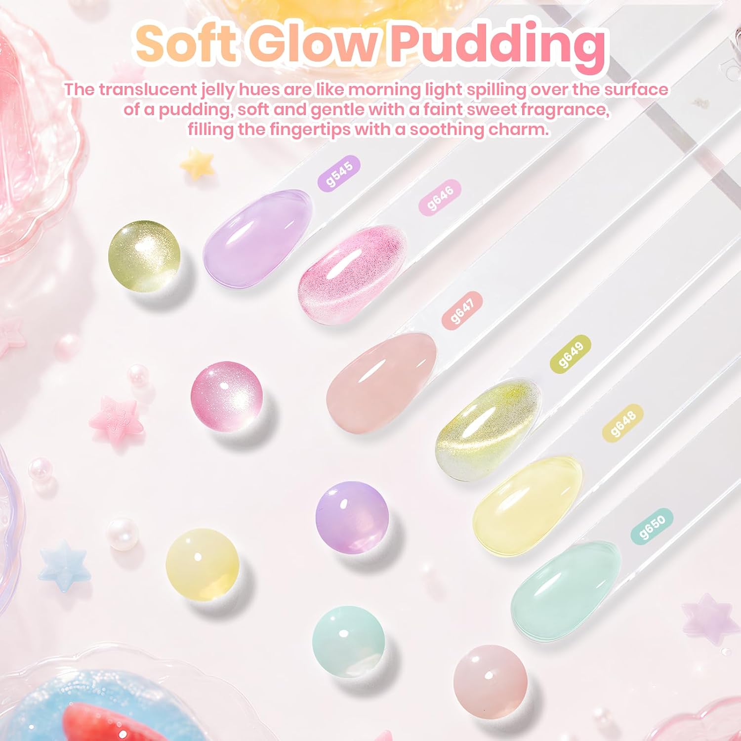 Beetles Jelly Gel Nail Polish Set, 6 Colors Pastel Pink Cat Eye Blue Purple Yellow Green Glitter Gel Polish Kit with Magnet Sticker Soak Off UV Gel Nail Art Salon DIY at Home Summer Gift for Women