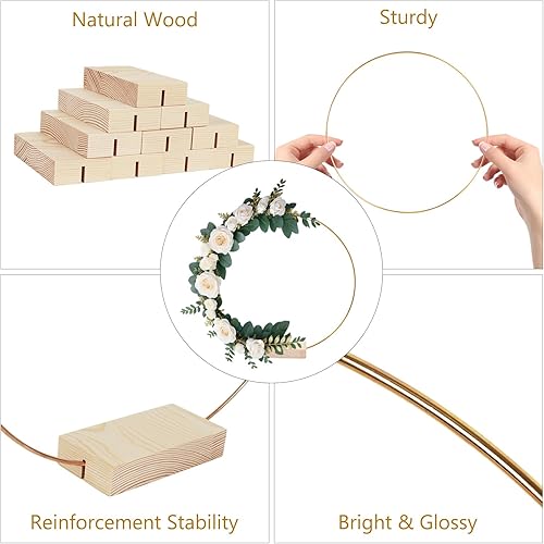 Miniatura 4 de OurWarm 12 centros de mesa de aro floral de 12 pulgadas con soporte para mesa, piezas centrales de metal con base de madera, centros de mesa dorados