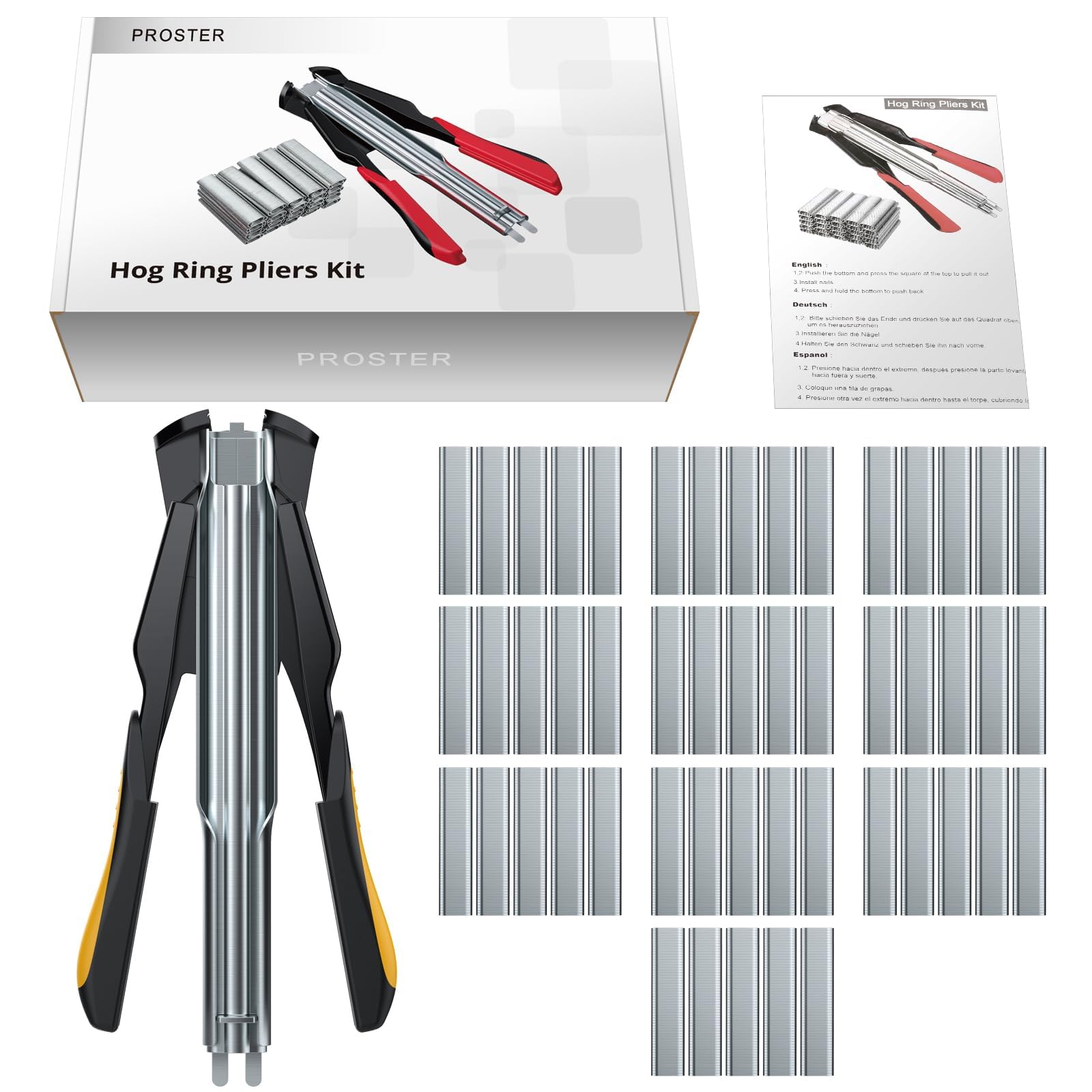 Proster Alicates para Alambradas con Anillos de Hierro Galvanizado 2500PCS Grapadora para Jaula con Grapas Tipo C para Fijación de Colchón Cercas Jaulas Mallas Vallas de Animales