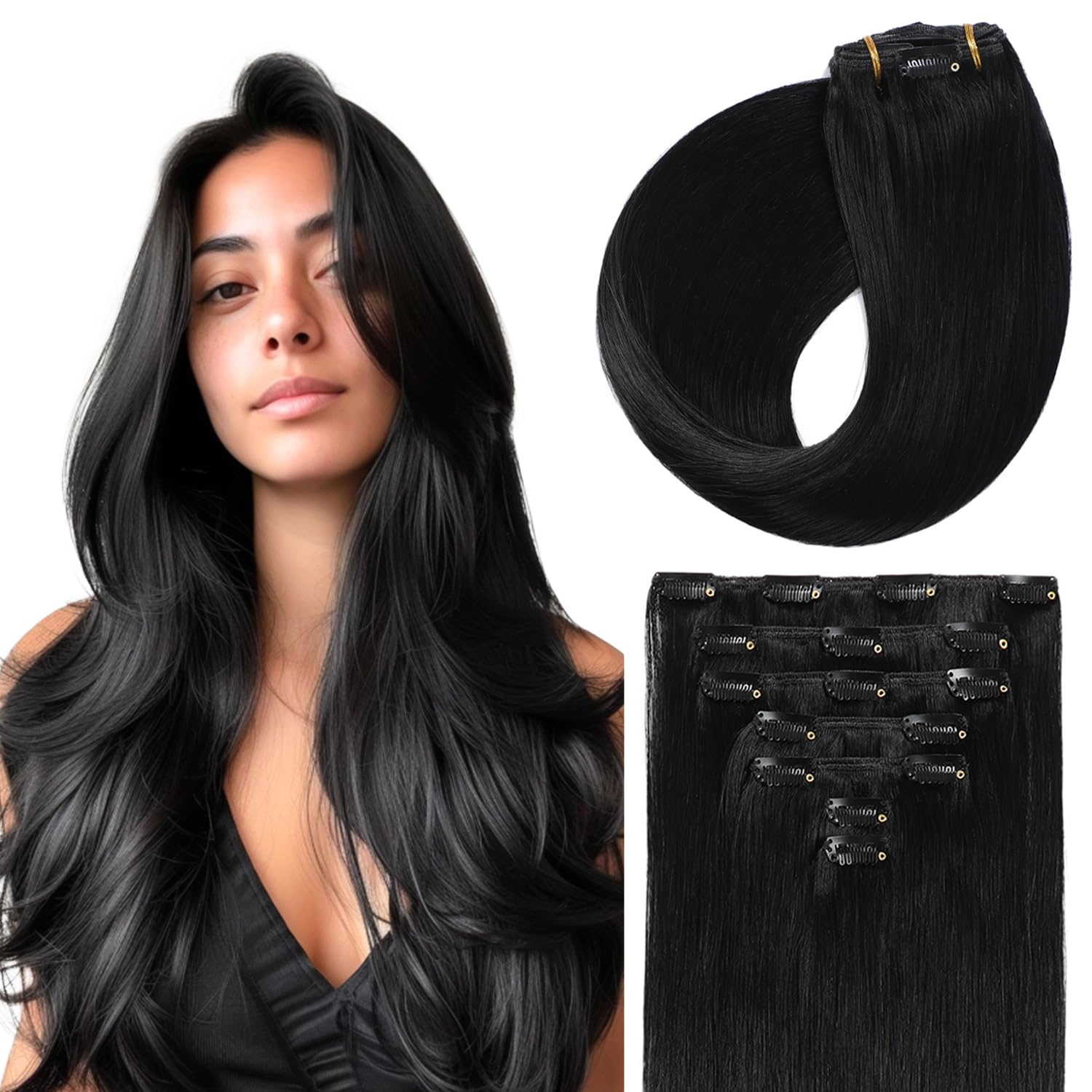 Sunya Real Human Hair Clip in Hair Extensions, 14 Inch Seamless Clip ins, Jet Black, 7 Pieces with 16 Clips