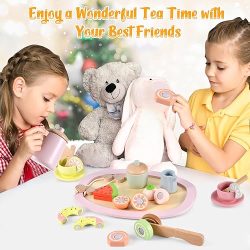Miniatura 2 de Juego de té de madera, juego de té para niñas pequeñas de 1 a 3 años, juegos de té para niñas de 2 a 4 años con juguetes de madera, comida de