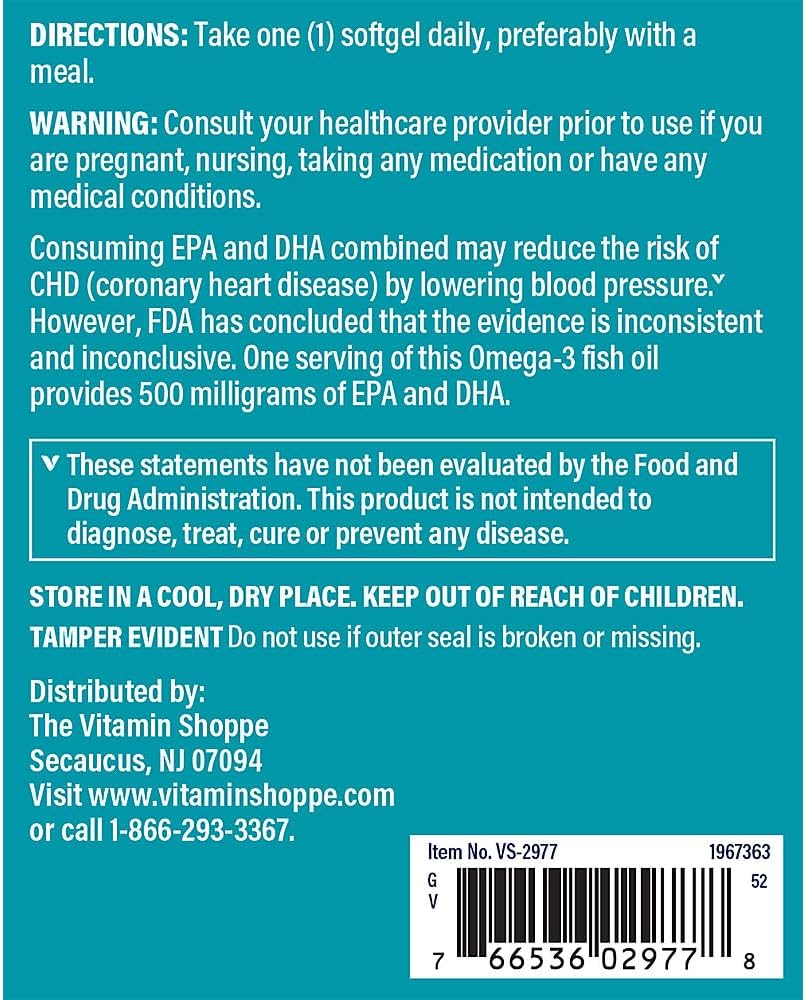 The Vitamin Shoppe Omega 3 Fish Oil 1000 mg Softgels, 300 mg EPA & 200 mg DHA, Unflavored Fish Oil Supplement for Men & Women, Gluten Free, Soy & Dairy Free, 240 Softgels