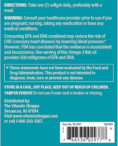 Vista 3 de The Vitamin Shoppe Aceite de pescado Omega 3 500MG EPA DHA - Salud del corazón, función cerebral y apoyo articular, destilado molecularmente