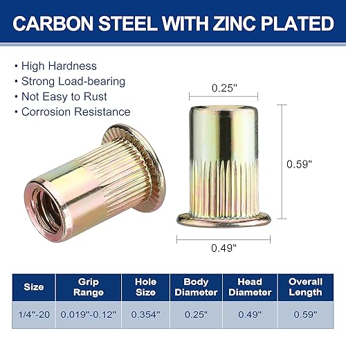Miniatura 3 de WORKPRO 150 tuercas de remache, tuerca remachable de acero al carbono chapado en zinc de 14 "-20, tuercas roscadas de cabeza plana con cuerpo