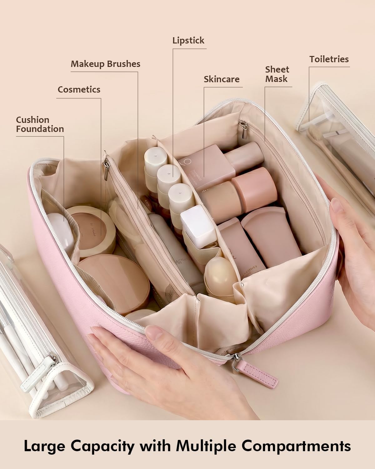 Prite 3 Pcs Makeup Bag Set Travel Cosmetic Organizer Vegan Leather Waterproof Toiletry Bag with 2 Clear Pouches for Women