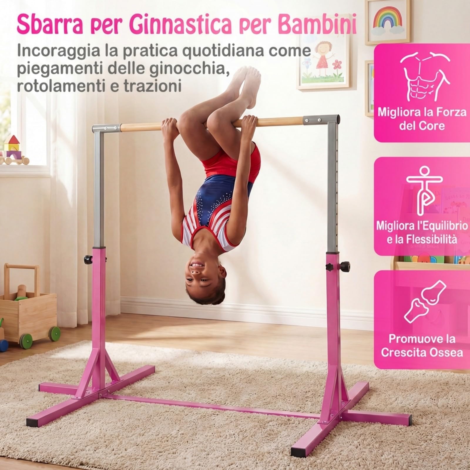 COSTWAY Sbarra per Ginnastica e Danza per Bambini, Barra in Metallo e Bambù Regolabile in Altezza 85-145 cm, Portatile con Cuscinetti Antiscivolo