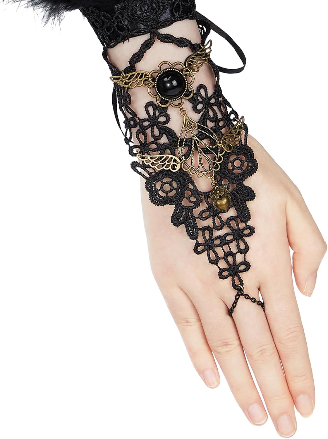 Zando Feather Lace Fingerless Gloves for Women - Lace UP Gothic Arm Sleeve Wrist Cuff Halloween Victorian Vampire Accessories