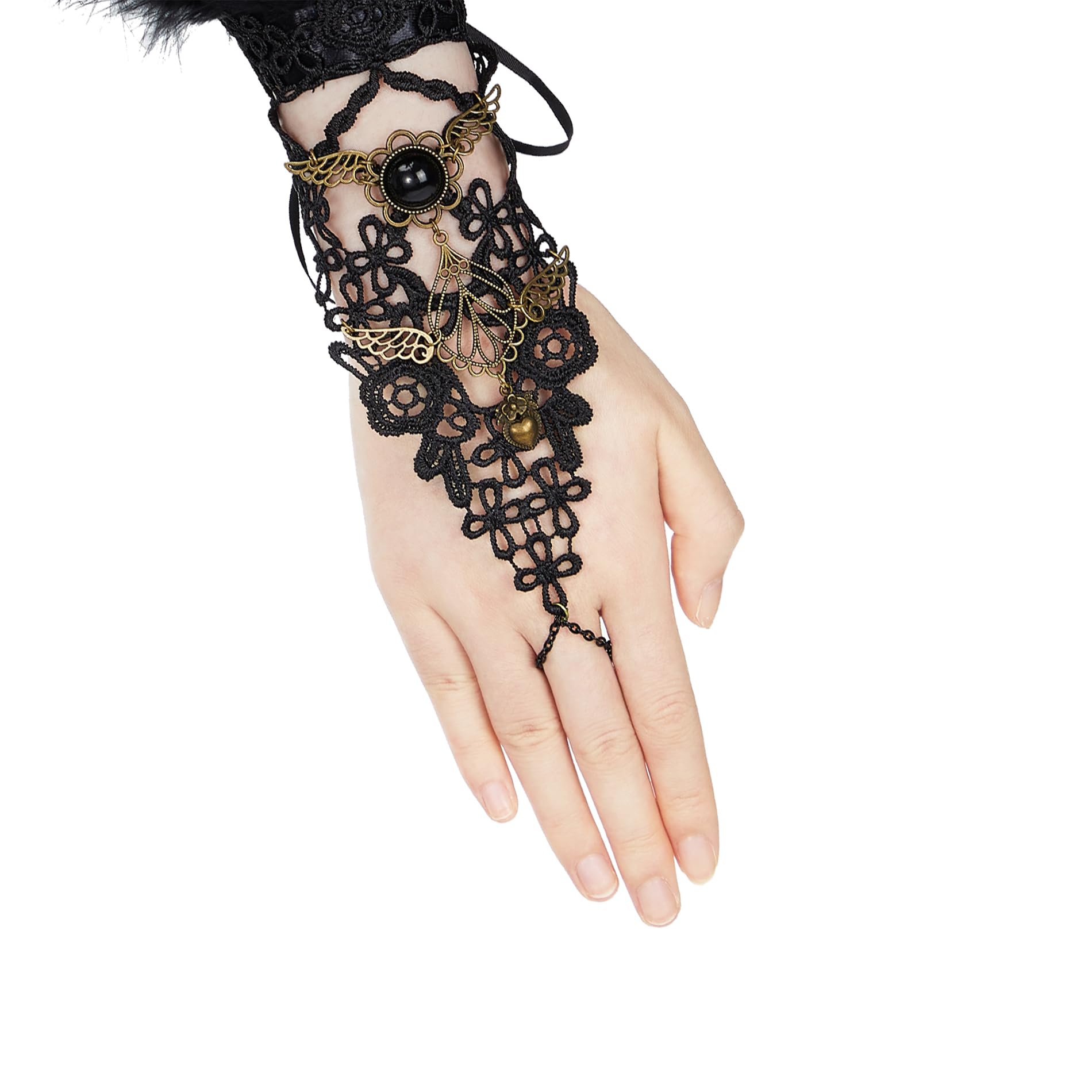 Zando Guanti lunghi da donna in pizzo con piume, guanti per costume di Halloween, gotici, senza dita, con polsini al polso, confezione da 2, Punk Nero, taglia unica