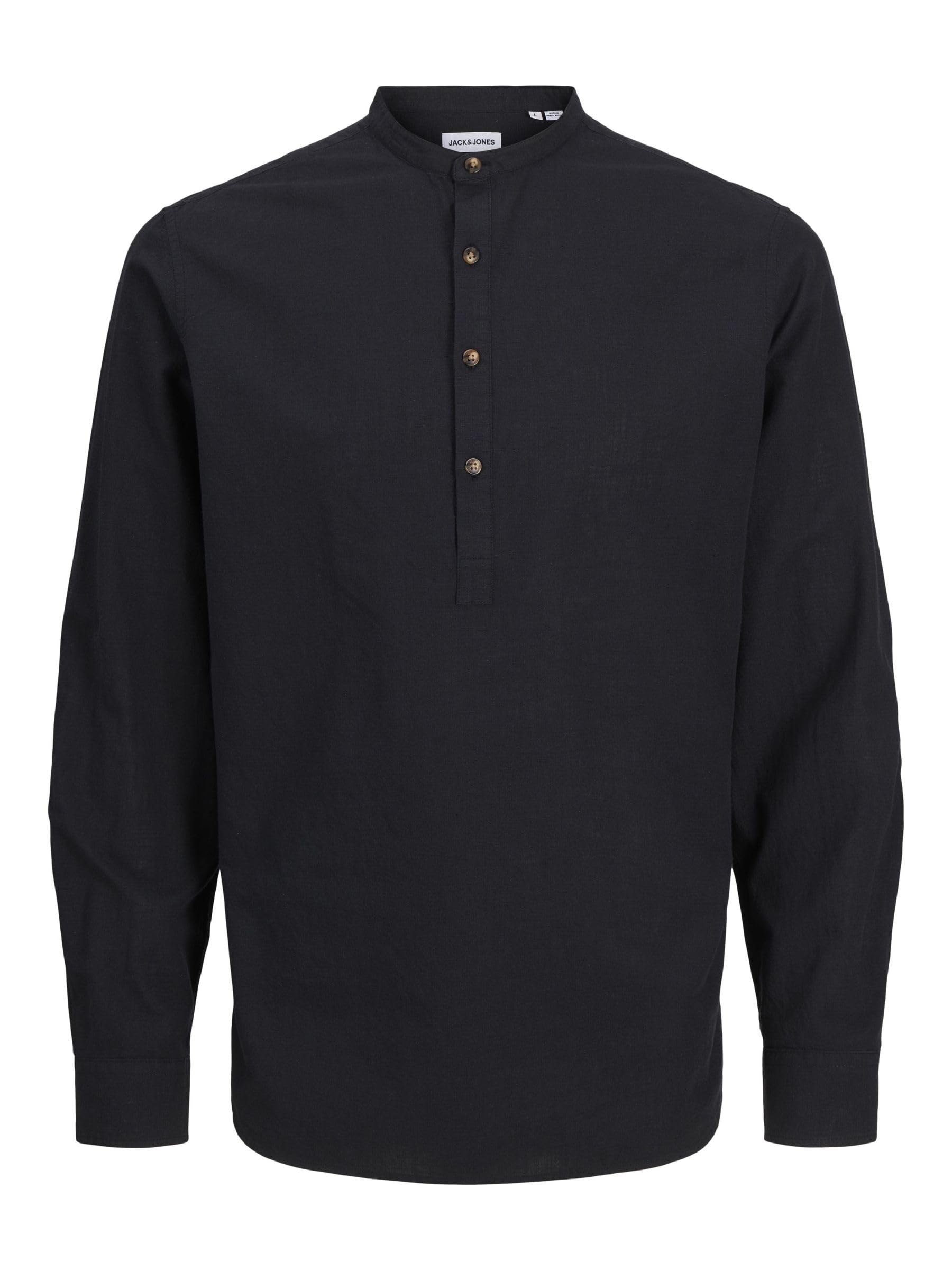 Jack & Jones Men's Black Jjesummer Half Placket Shirt Ls Sn Long Sleeve, M