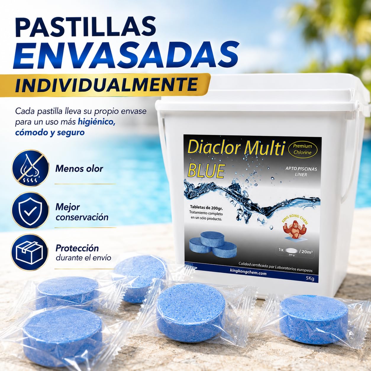 Pastillas de Cloro DIACLOR Multi Blue 200 gr 5 KG Extra clarificante - Envasado Individual - 25 Pastillas de Cloro Multiacción (Pastilla 200 gr - Diámetro 7,5 cm) – SIN Cobre