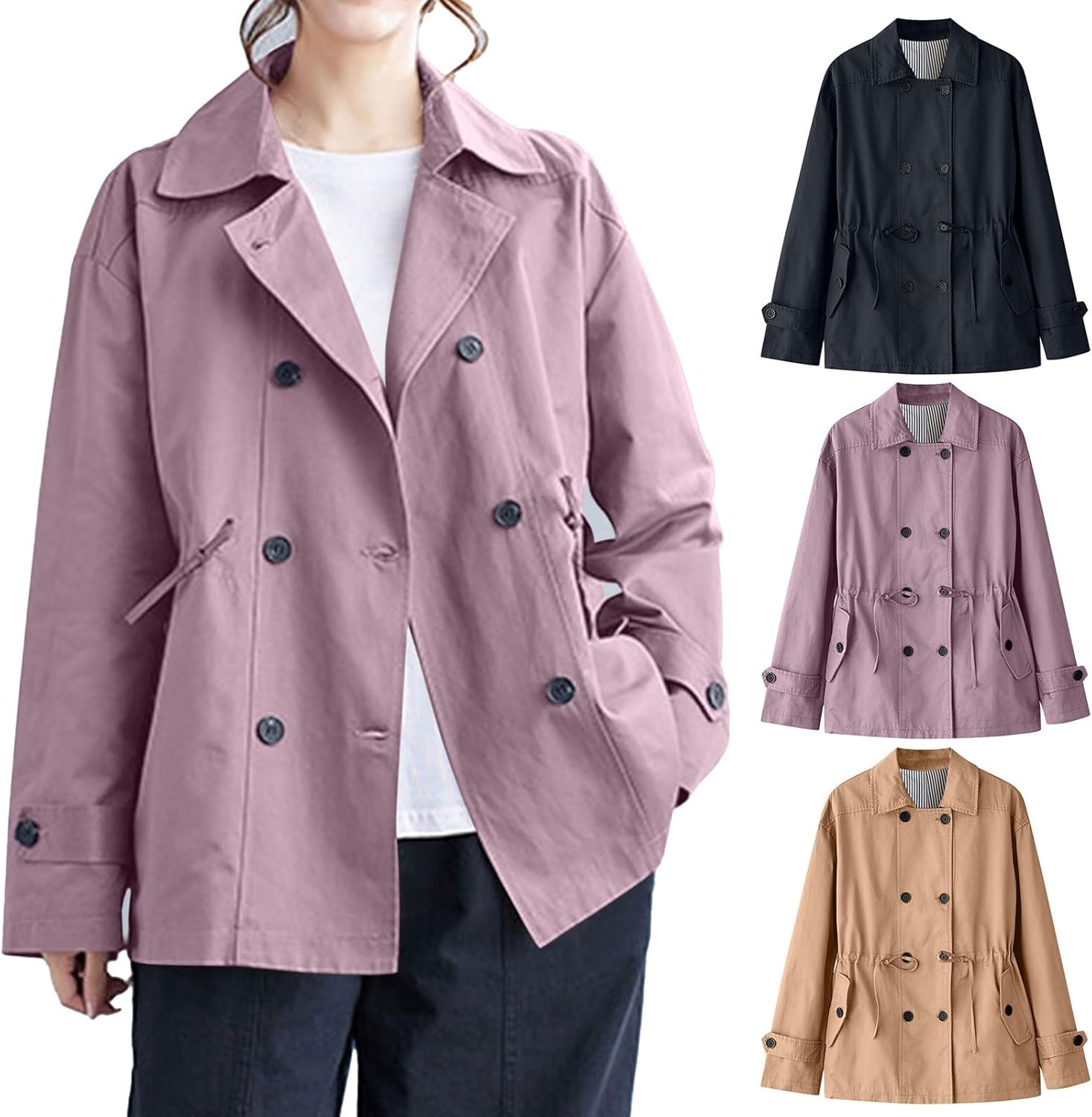 HGps8w Womens Double Breasted Trench Coat Oversized Windproof Overcoat 2025 Fall Mid-Length Lapel Outerwear with Pockets