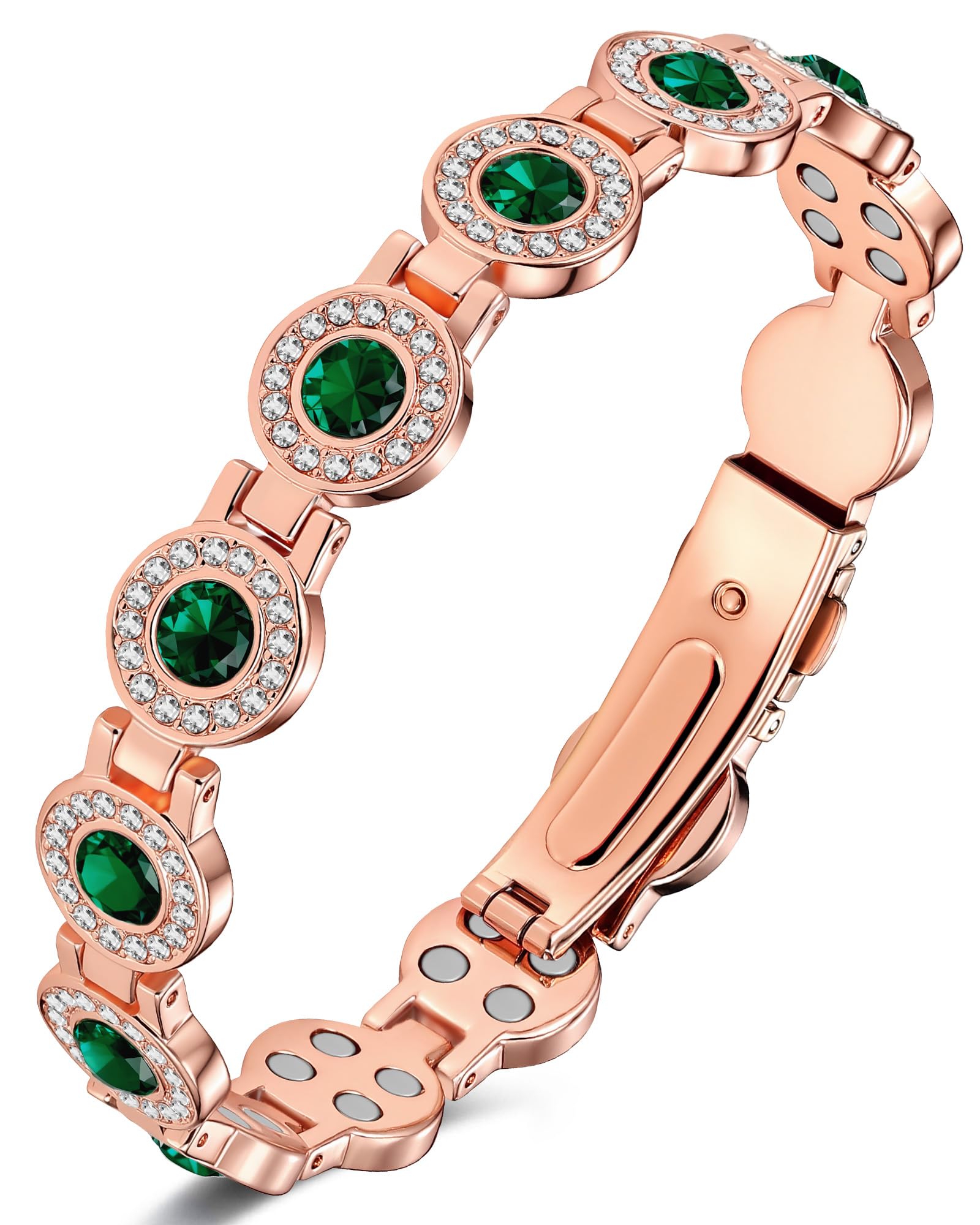 Jeracol Kupferarmband Dame, Magnetarmband mit je 4 Magneten pro Glied und kreisrunden Kristallen, 99% reines Kupfer, Schmuckgeschenk
