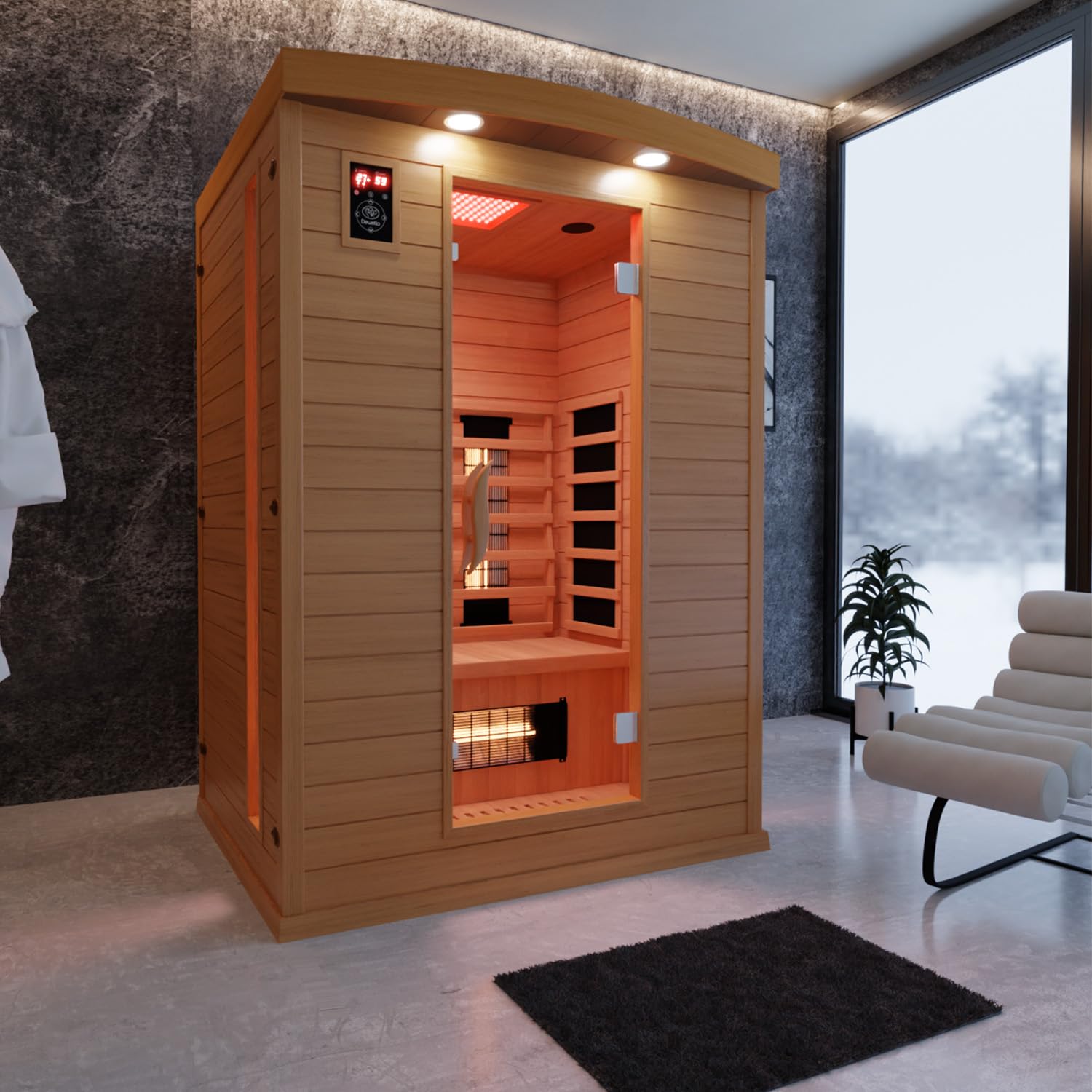 Dewello® Infrarotkabine Infrarotsauna Pierson 135cm x 105cm 1-2 Personen aus Hemlock Holz mit Vollspektrumstrahler, Bodenstrahler, LED-Farblicht, Bluetooth, FM,MP3,USB