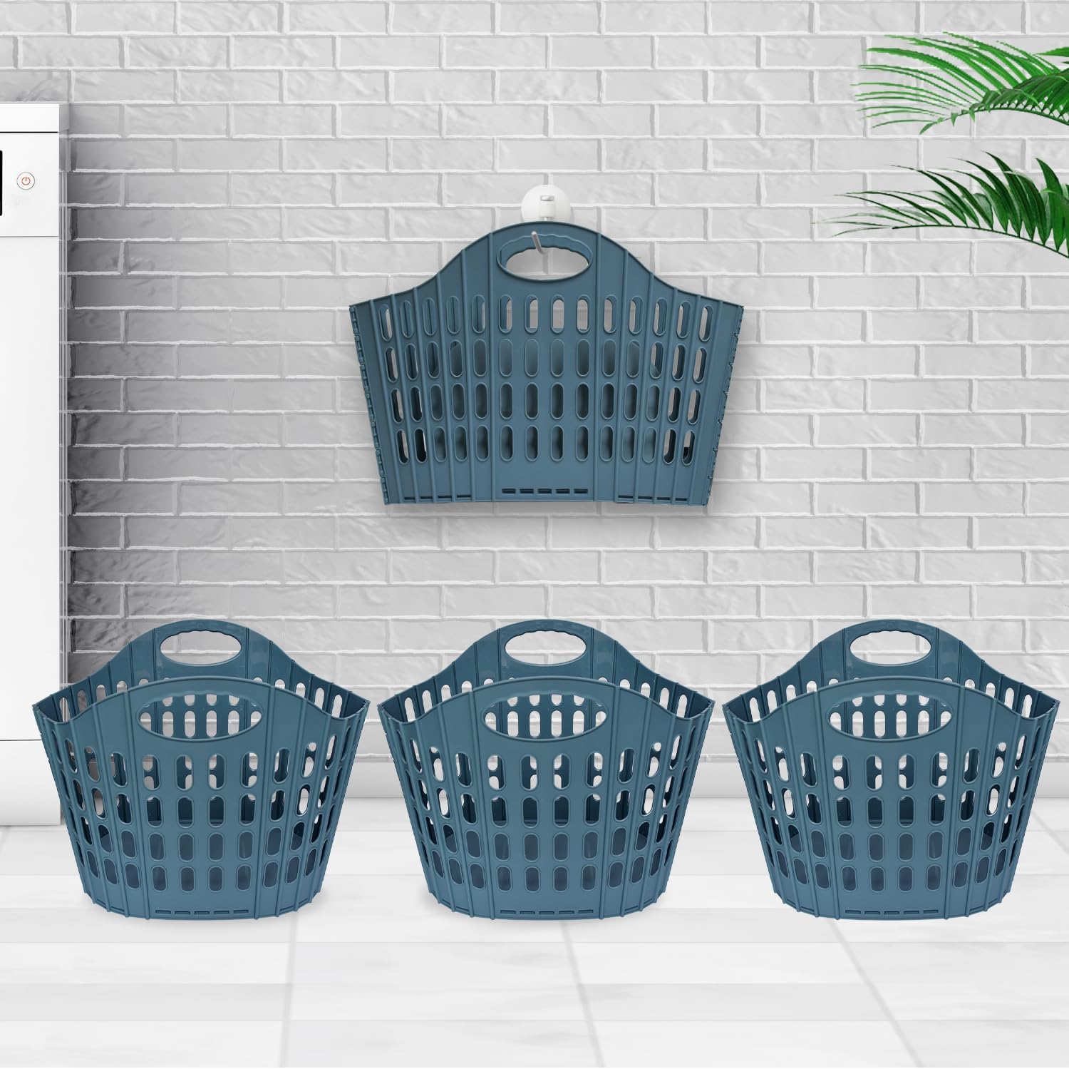 Portable Plastic Laundry Hamper, 3-Pack, Blue