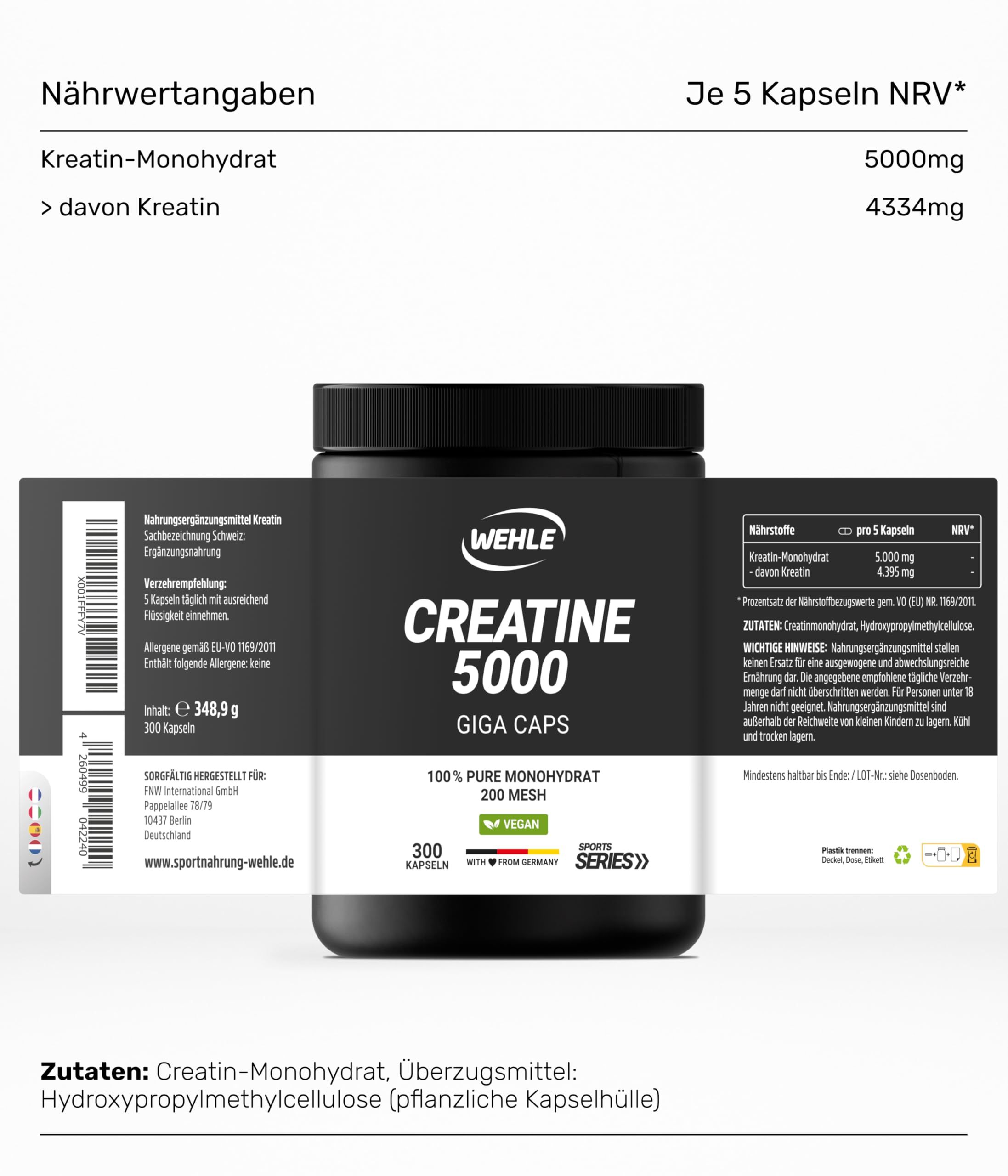 Creatin Kapseln hochdosiert 5000 mg Creatin Monohydrat pro Tagesdosis, 300 vegane Kapseln – ohne Zusatzstoffe – Vegan (300 Kapseln) Wehle Sports – Verpackung kann variieren.