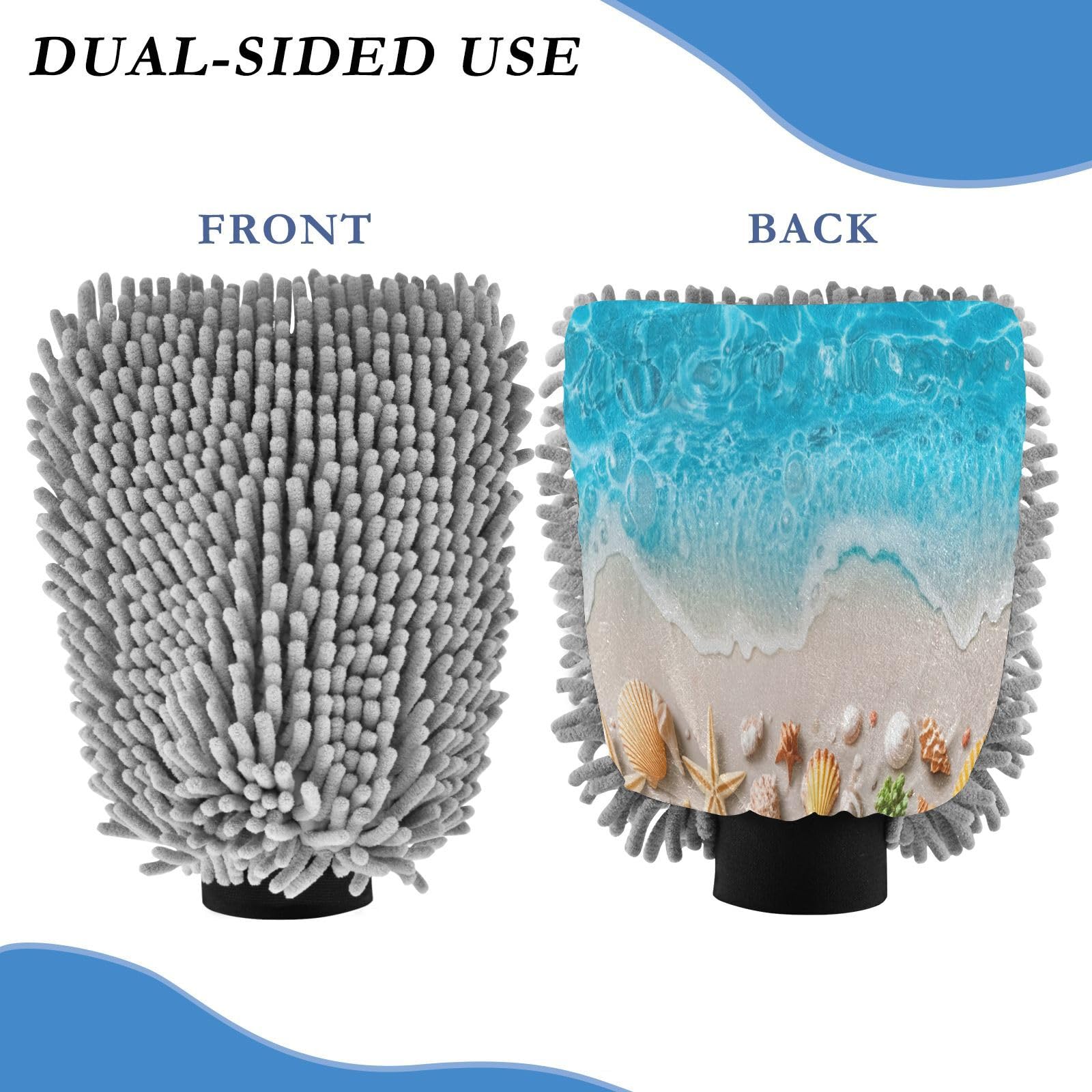 Kigai Blue Ocean and Seashells Car Wash Mitt Microfiber, 2Pcs Scratch Free Lint-Free, Premium Chenille Microfiber Mitt Car Wash Brush-L
