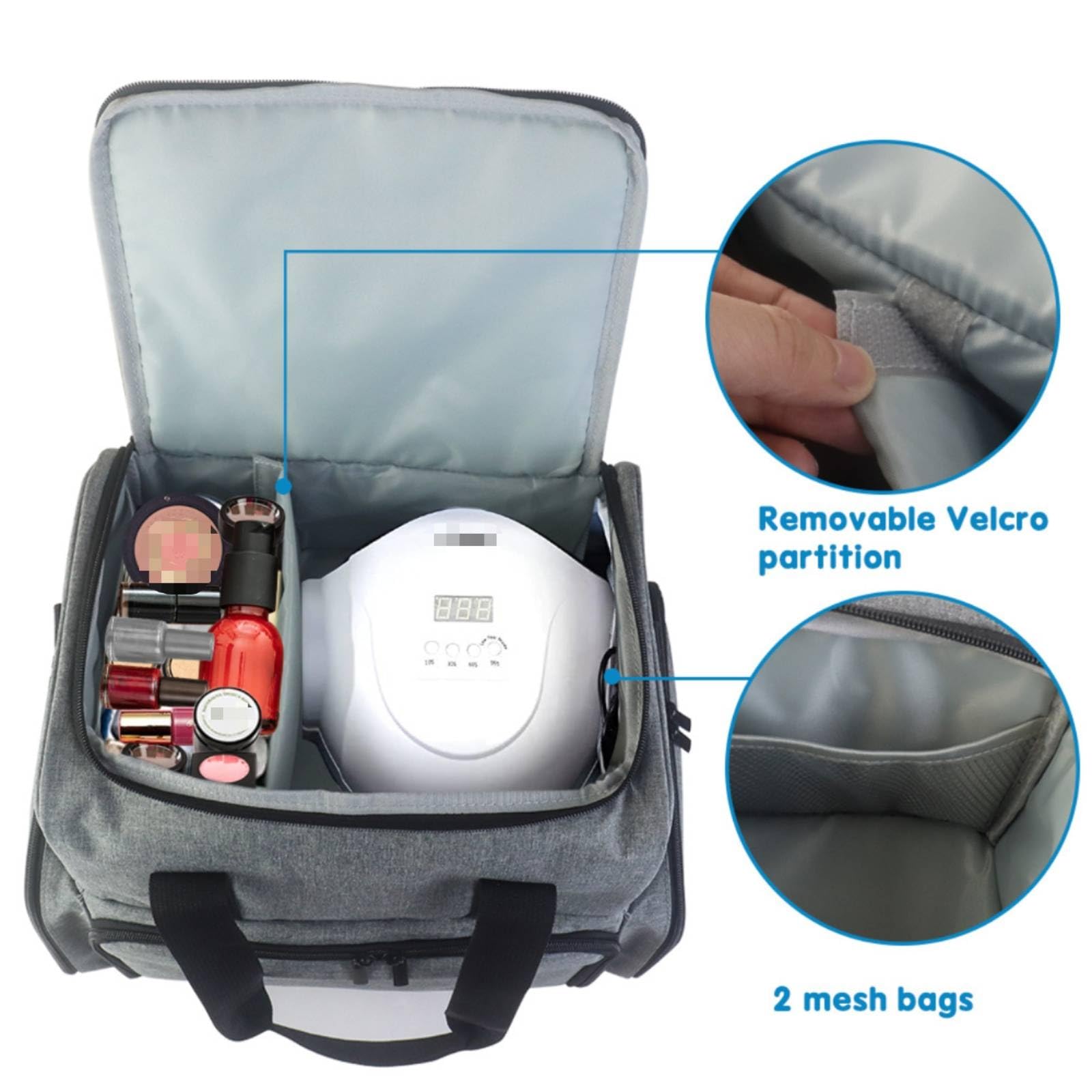 Nagellack Organizer Tasche Aufbewahrung Koffer Etui mit Doppeltem Fach Und Einsatz Halterungen Gepolstert aus Nylon für Transport von Maniküre Zubehör, Array, Dunkelgrau, 41.5x23.5x34.5cm