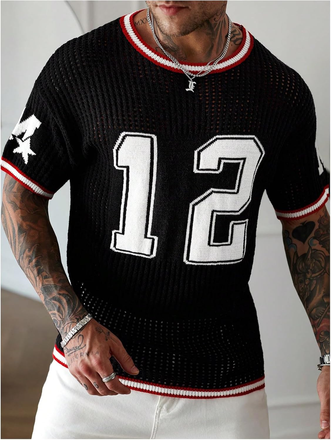Men's Number Graphic Sweater Hollow Out Crew Neck Short Sleeve Crochet Knit Pullover Jersey Tops - Image 3