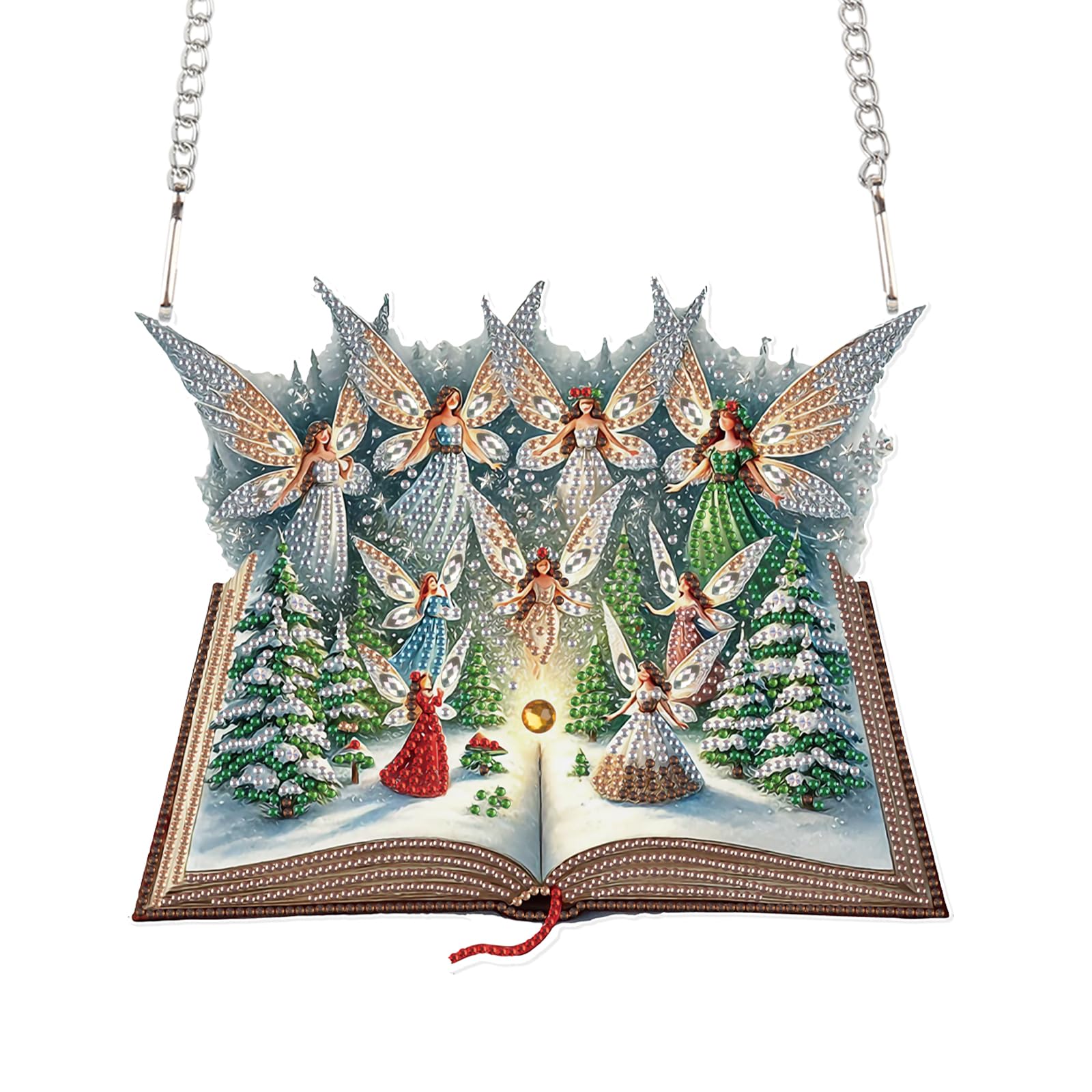 5D Christmas Diamond Painting Pendant Kit, Magic Book with Flying Elf and Snowy Forest, DIY Crystal Diamond Art Hanging Sign for Window, Door & Wall,