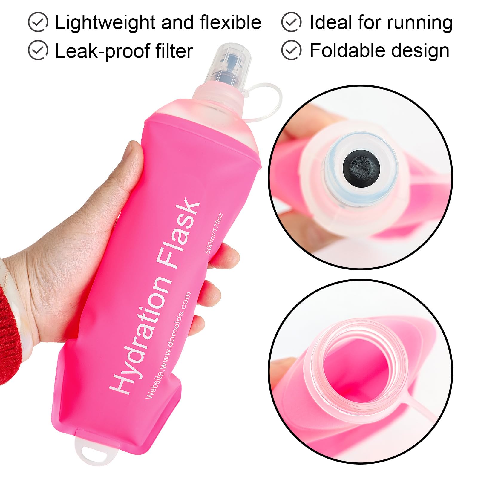 WILDREEDS Weiche Thermosflasche, 500 ml, TPU, faltbar, weiche Wasserflasche für Trinkrucksack, Laufweste, faltbare Wasserflasche zum Wandern, Radfahren, Klettern, 1 Stück, Rosa