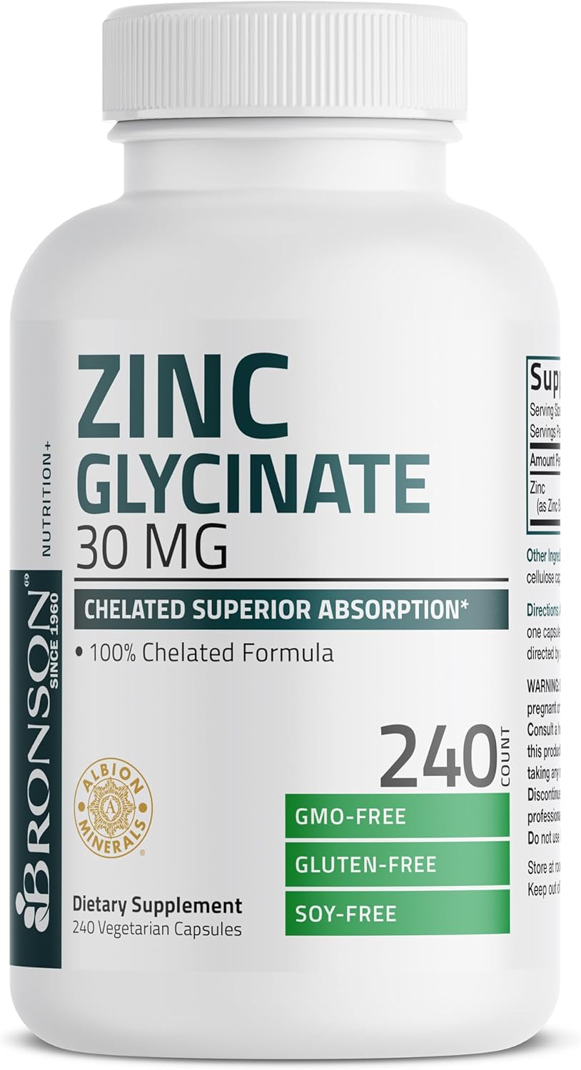Bronson Zinc Glycinate 30mg Chelated Superior Absorption 100% Chelated Formula Non-GMO, 240 Vegetarian Capsules