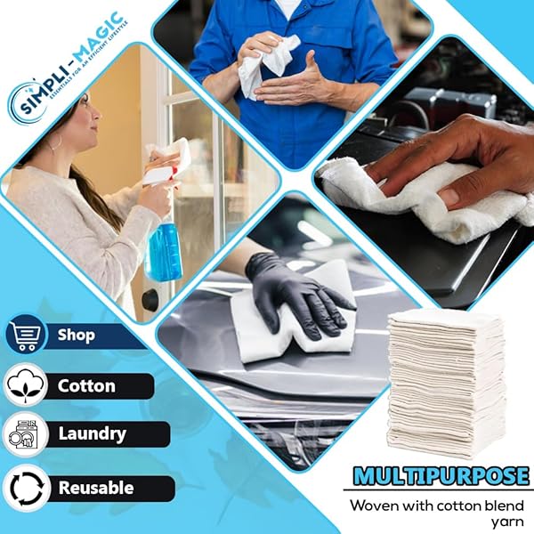 Simpli-Magic Cotton Shop Towels 14"x12" (145 Pack) – Reusable Cleaning Shop Rags for Automobiles, Industries, Garage and Homes (White) - 4