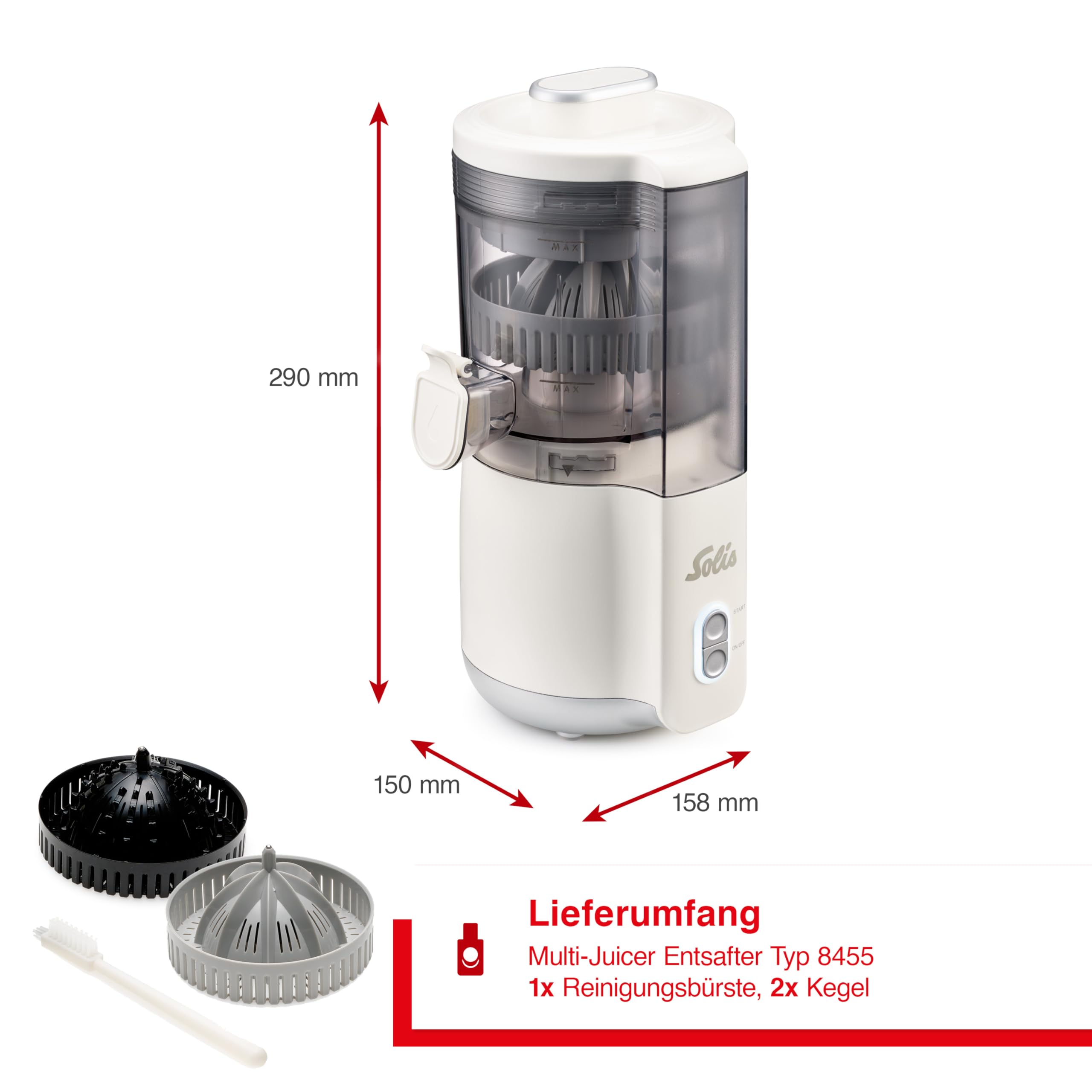 Solis Multi-Juicer – elektrischer Entsafter für Zitrusfrüchte, Äpfel & Melonen – automatische Saftpresse mit 2 Presskegeln – BPA-frei, spülmaschinengeeignet, kompakt – für frischen Vitamingenuss
