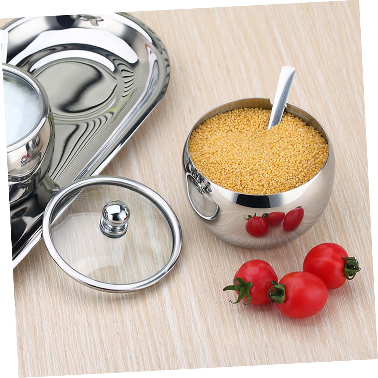Set 2 Zuccheriere In Acciaio Inox 304 Con Coperchio In Vetro – Contenitori Per Condimenti Con Vassoio E Cucchiai – Argento 9x7 Cm