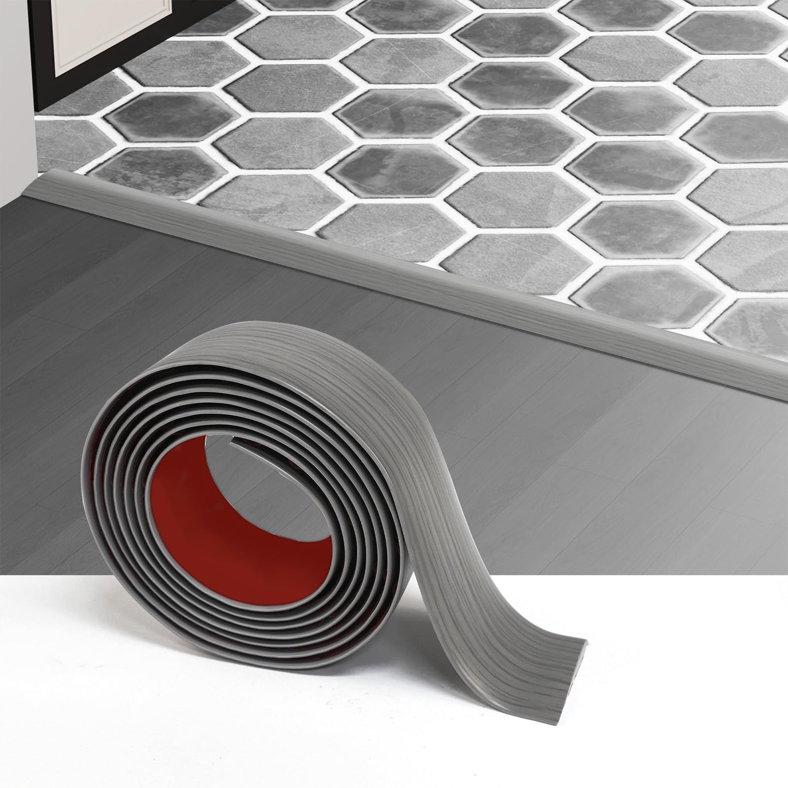 Floor Transition Strip for Carpet to Tile, Grey Wood, 4' x 1.57" | Self-adhesive threshod strip covers carpet, tile, vinyl and wood floor gaps; cut-to-fit for doorways and room transitions