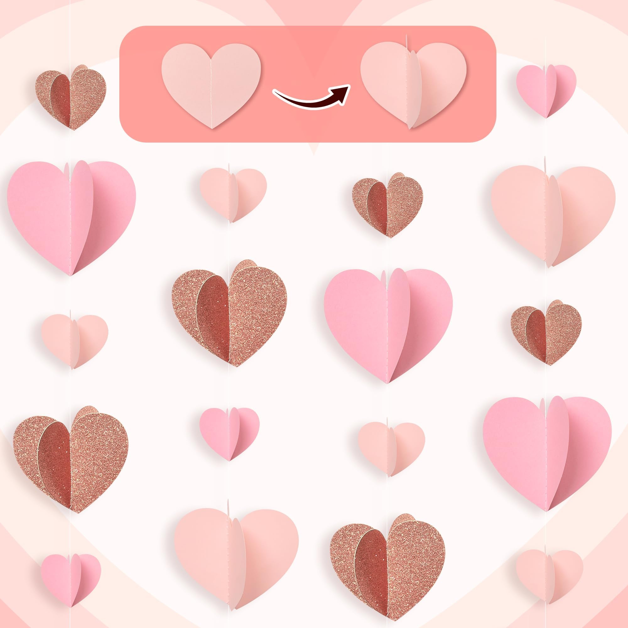 CNhoqc 4 guirnaldas de papel en forma de corazón de oro rosa 3D, serpentinas colgantes con temática rosa, guirnaldas románticas en forma de corazón para el día de San Valentín, cumpleaños, boda,