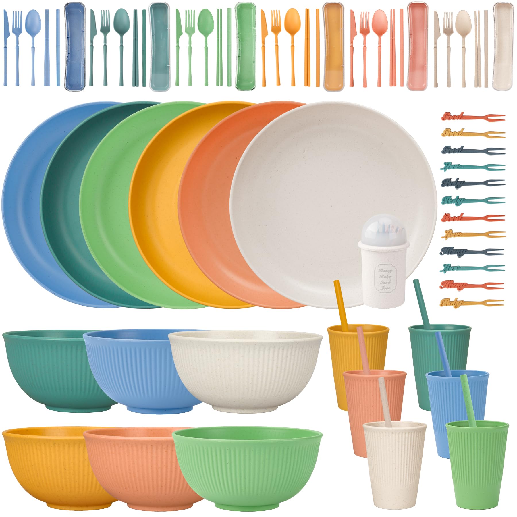 Set di stoviglie infrangibili per 6 persone, 66 pezzi, piatti e ciotole in plastica, piatti in plastica leggera, riutilizzabili, ciotole, tazze, posate, cannuccia, forchette, set di stoviglie per