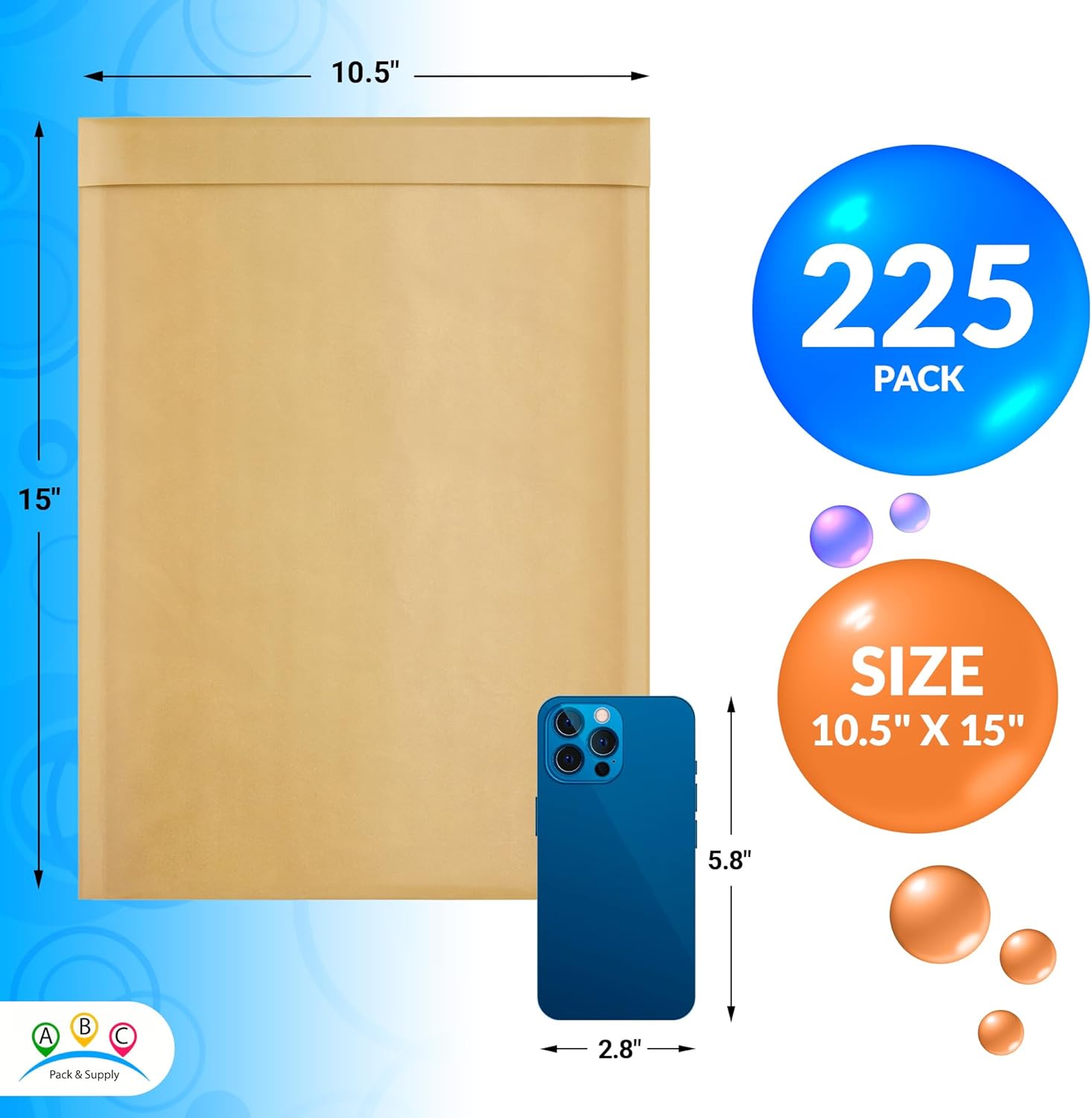 ABC PACK & SUPPLY Kraft Bubble Mailer, 10.5 x 15 Inches, Natural Brown Padded Envelopes Self Seal, Tear Resistant, 225 Pack, Paper Shipping Envelopes