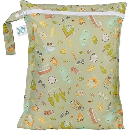 Bumkins Waterproof Wet Bag, Washable, Reusable for Travel, Beach, Pool, Stroller, Diapers, Dirty Gym Clothes, Wet Swimsuits, Toiletries, 12x14 - Camp Gear