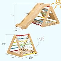 Vista 3 de Gimnasio interior de la selva, juguetes de escalada de madera 2 en 1, trepador triangular de madera de 3 lados con red de escalada, rampa