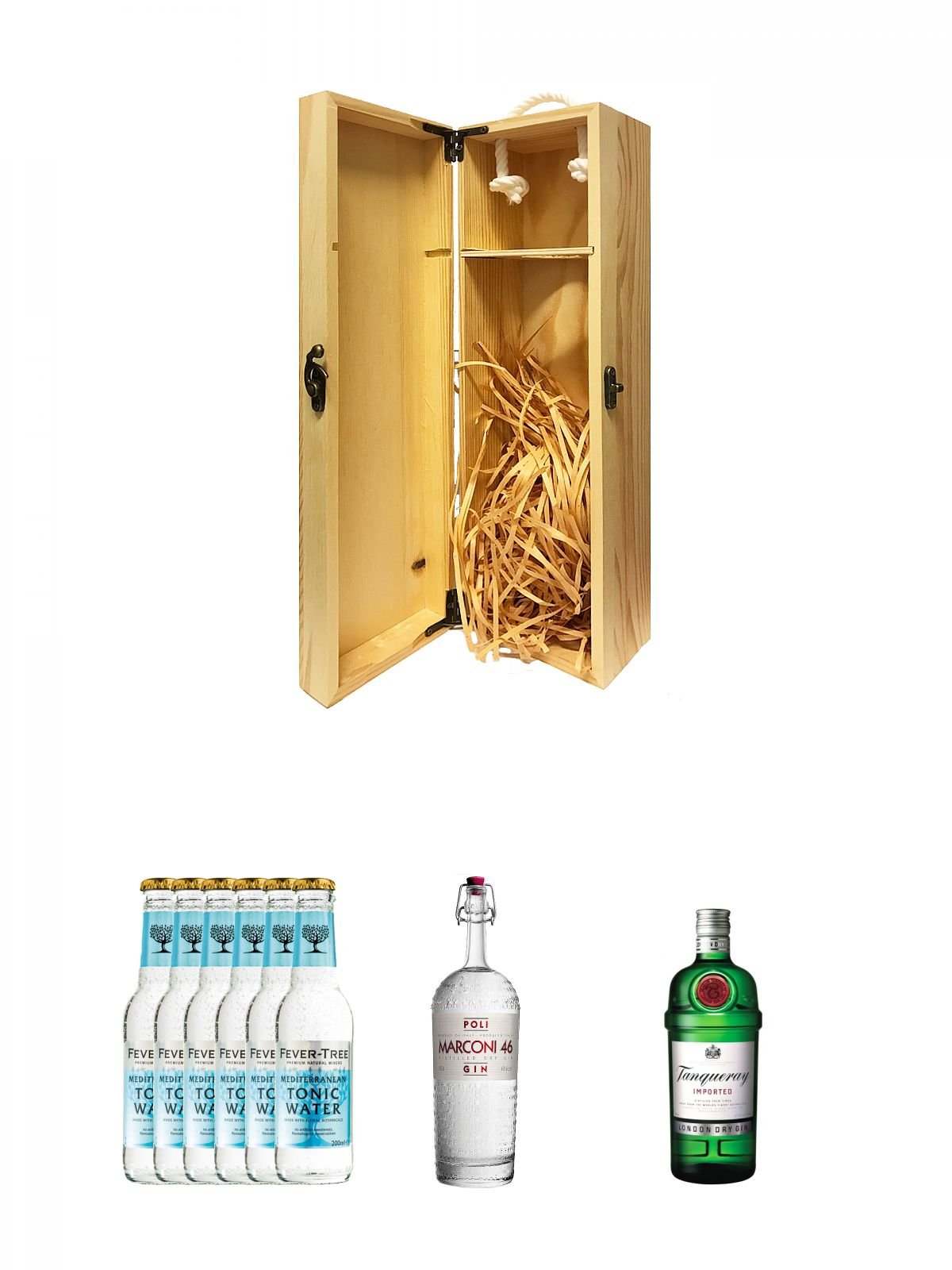 1a Whisky Holzbox für 1 Flasche mit Hakenverschluss + Fever Tree Mediterranean Tonic Water 6 x 0,2 Liter + Poli Marconi 46 Gin 0,7 Liter + Tanqueray London Dry Gin 0,7 Liter