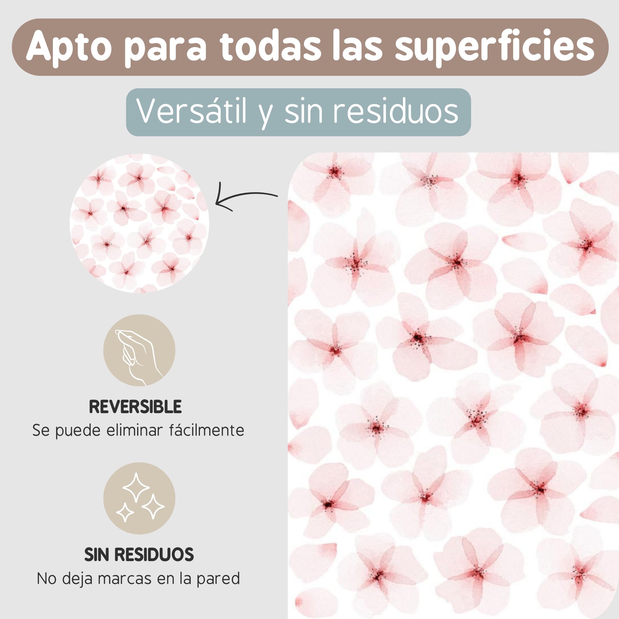 Pegatinas Pared Decorativas Flores Acuarela | 4 Láminas, 72 Flores y 60 Pétalos | Vinilo Adhesivo Pared | Efecto Papel Pintado | Cubre 6 m² | TRESXICS (Rosa)