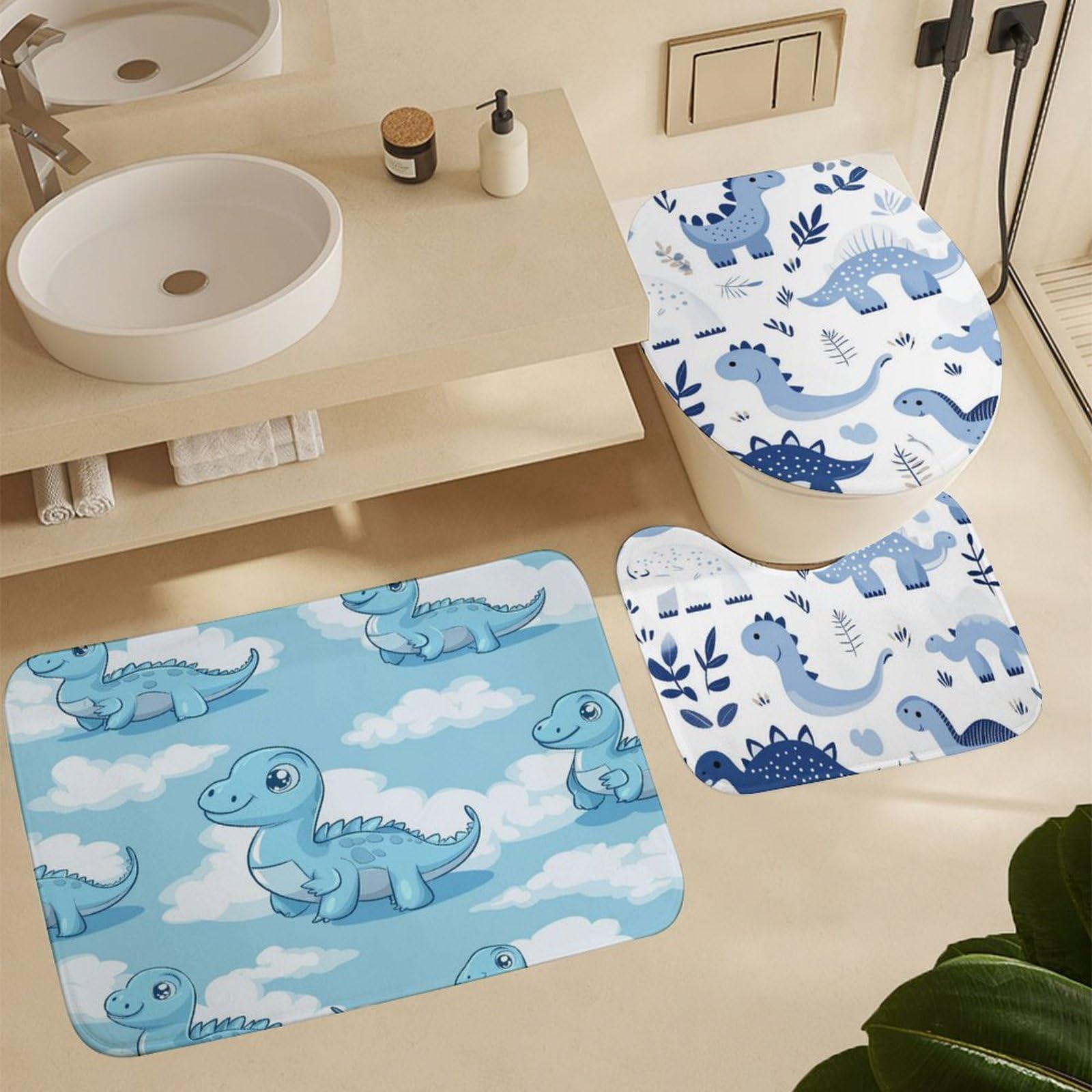 Alfombrillas de baño de dinosaurios juego de 3 unidades lavable antideslizante para inodoro y ducha